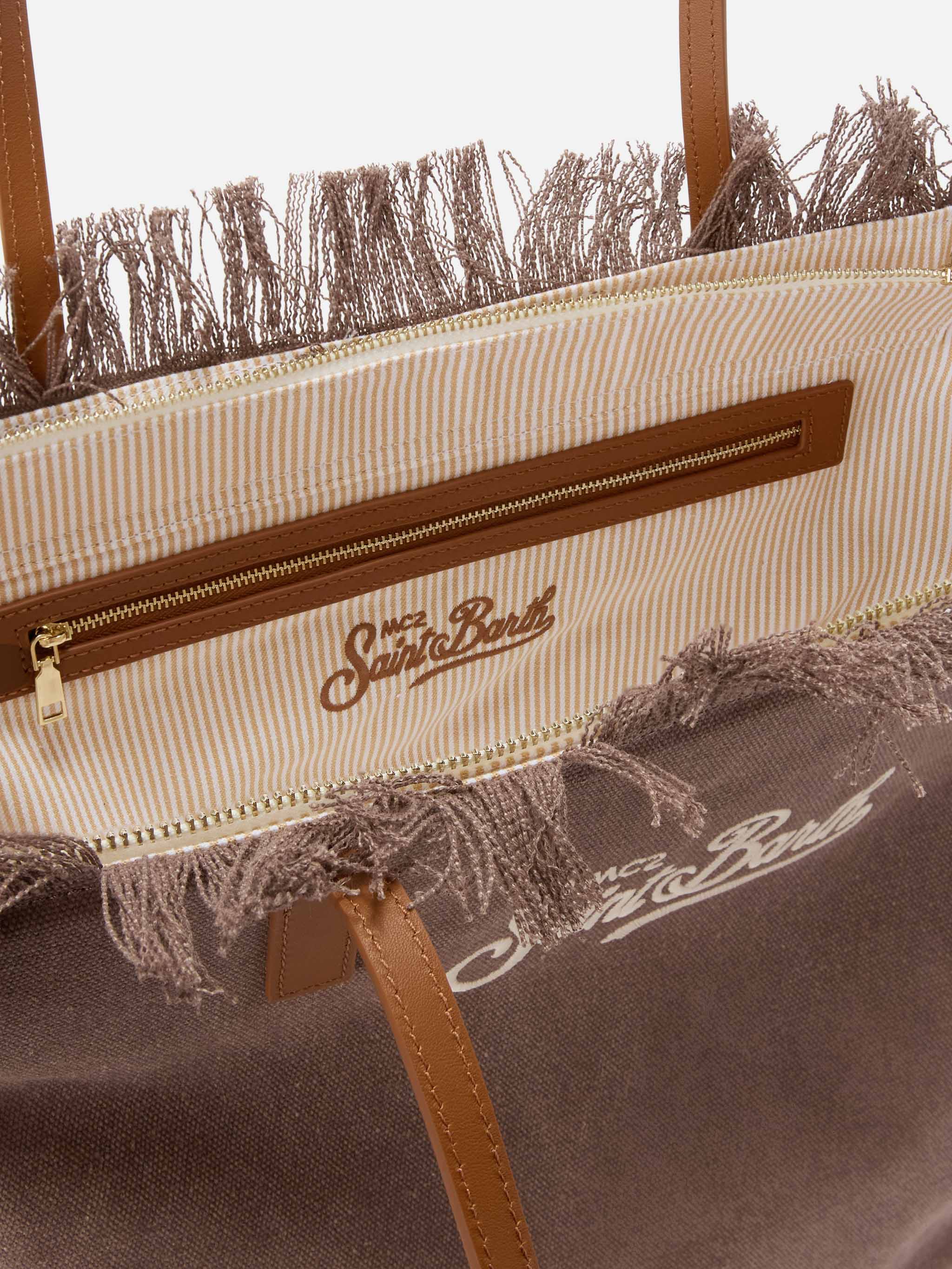 Borsa City regular in canvas marrone con frange