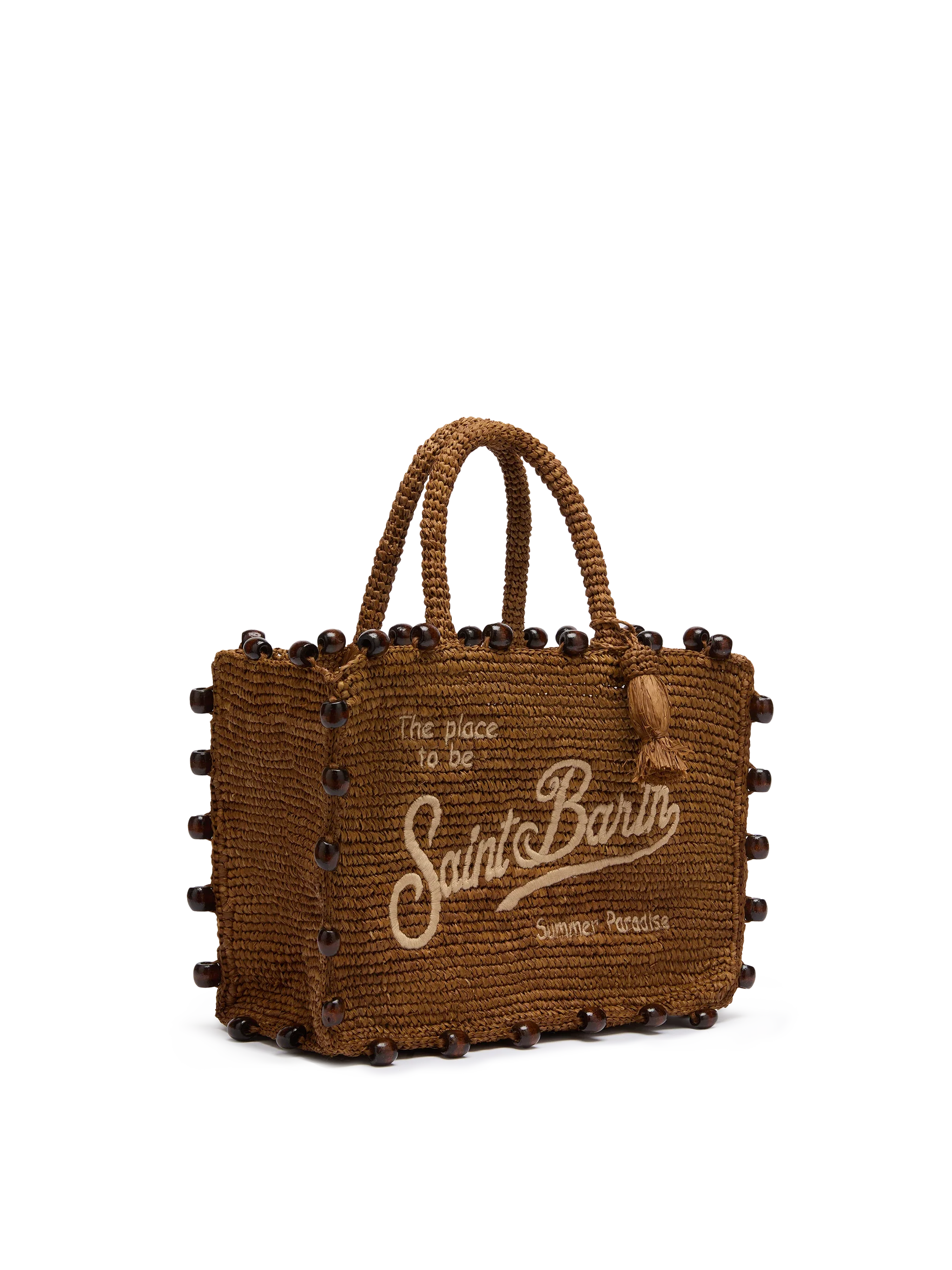 Borsa Colette in raffia con logo ricamato e perline applicate
