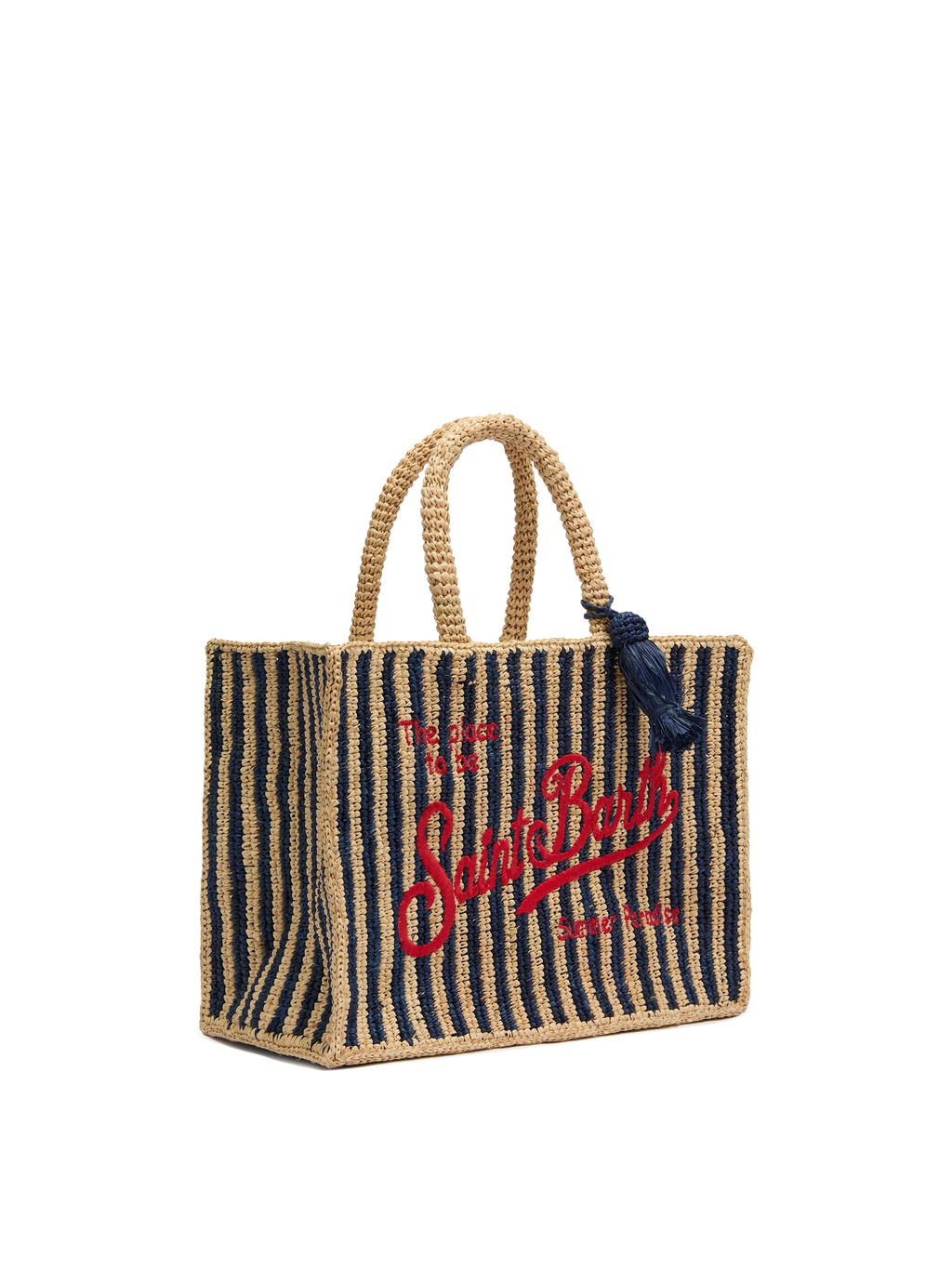 Colette Raffia navy blue striped handbag with logo embroidery - MC2 Saint Barth