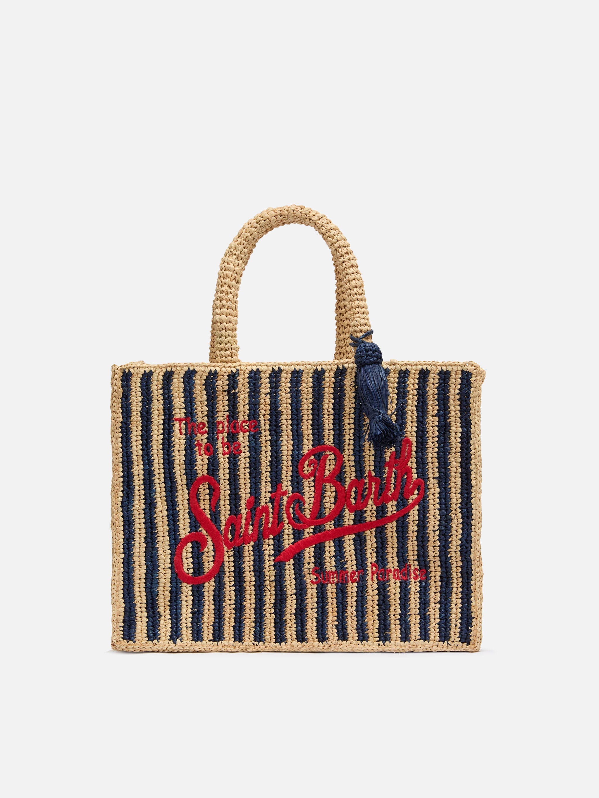 Borsa Colette in rafia a righe blu navy con logo ricamato