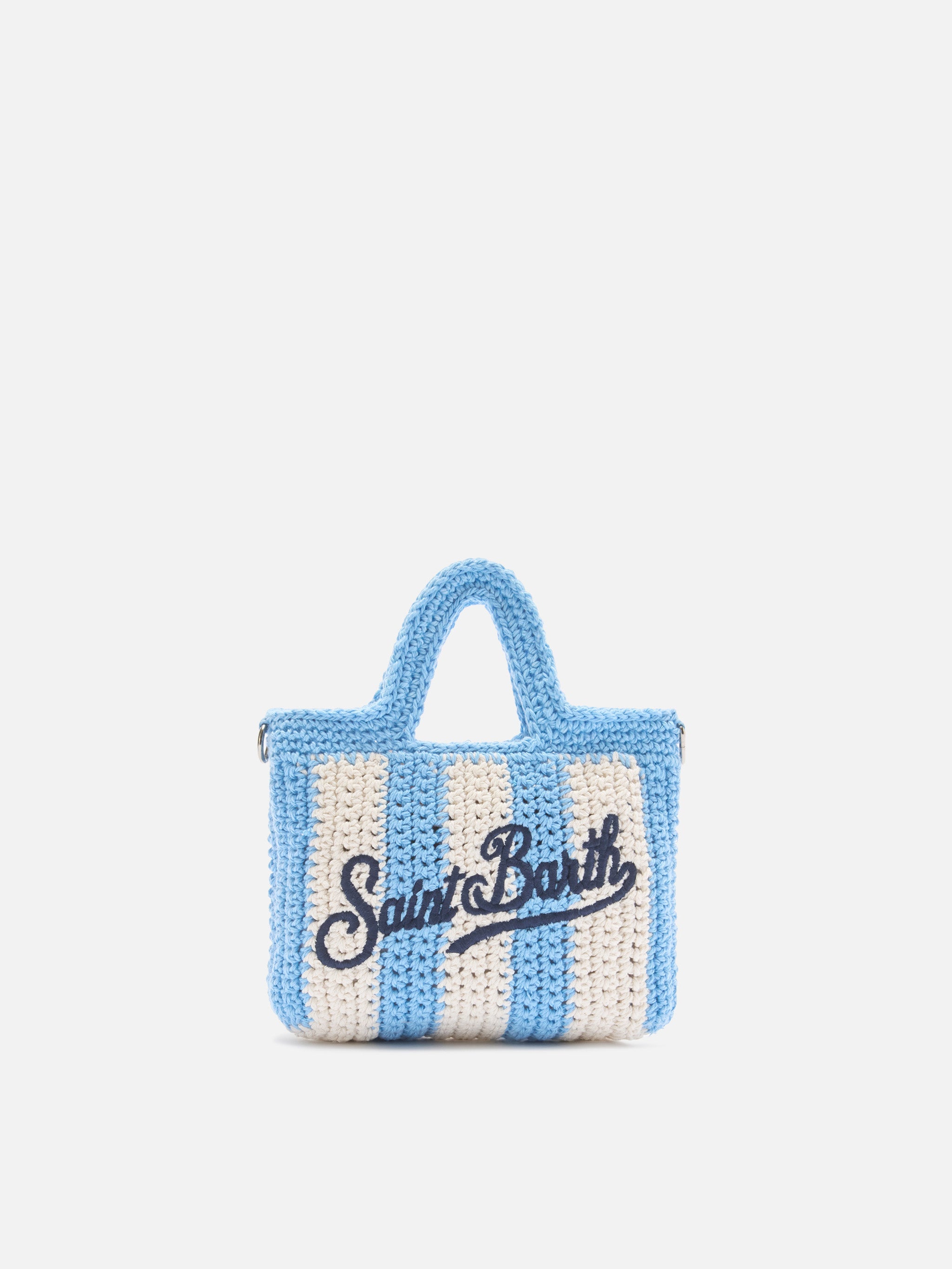 Borsa Crochet Mini a righe azzurre con logo ricamato