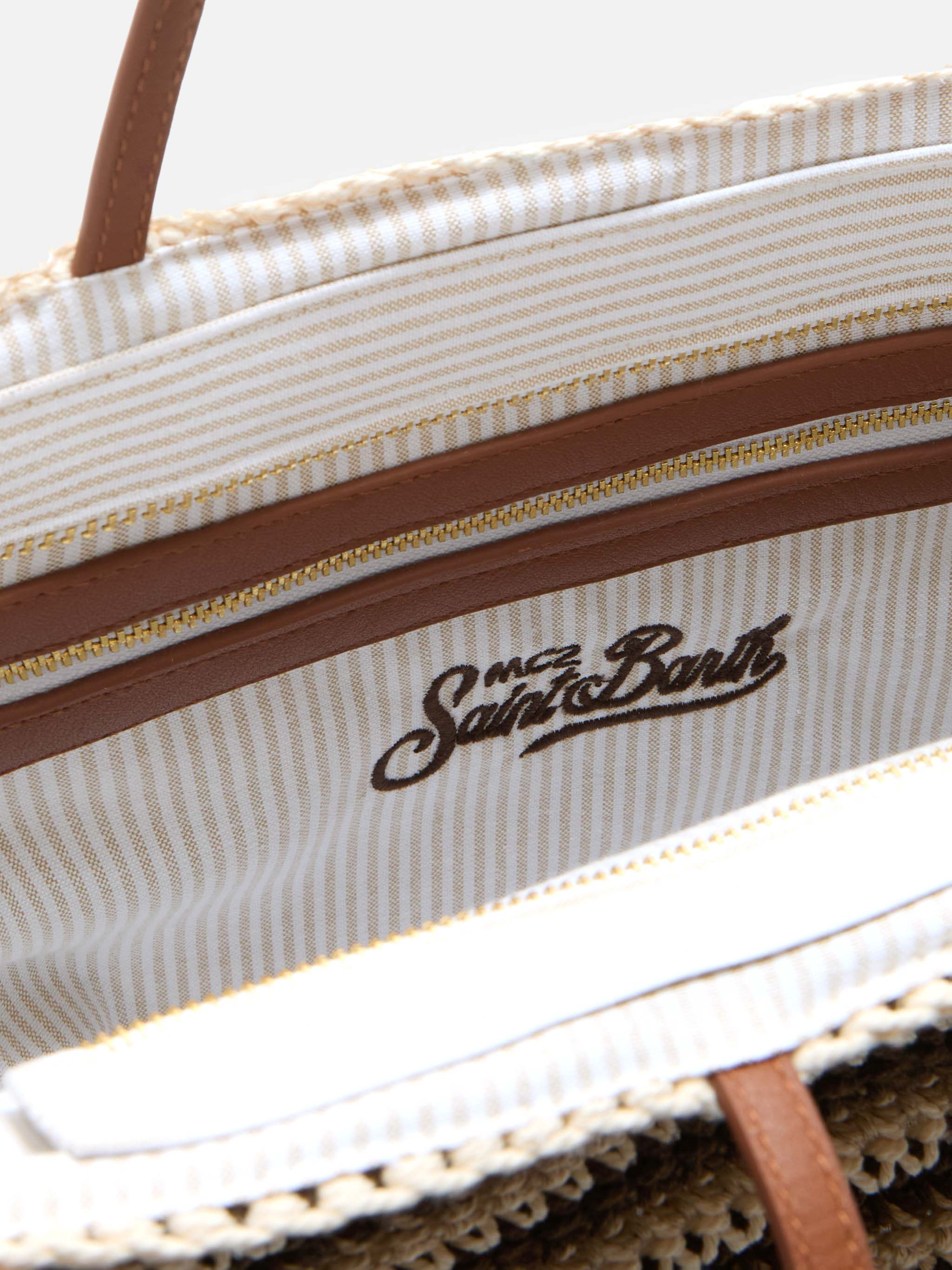 Borsa Tote Crochet a righe beige e marroni con logo ricamato