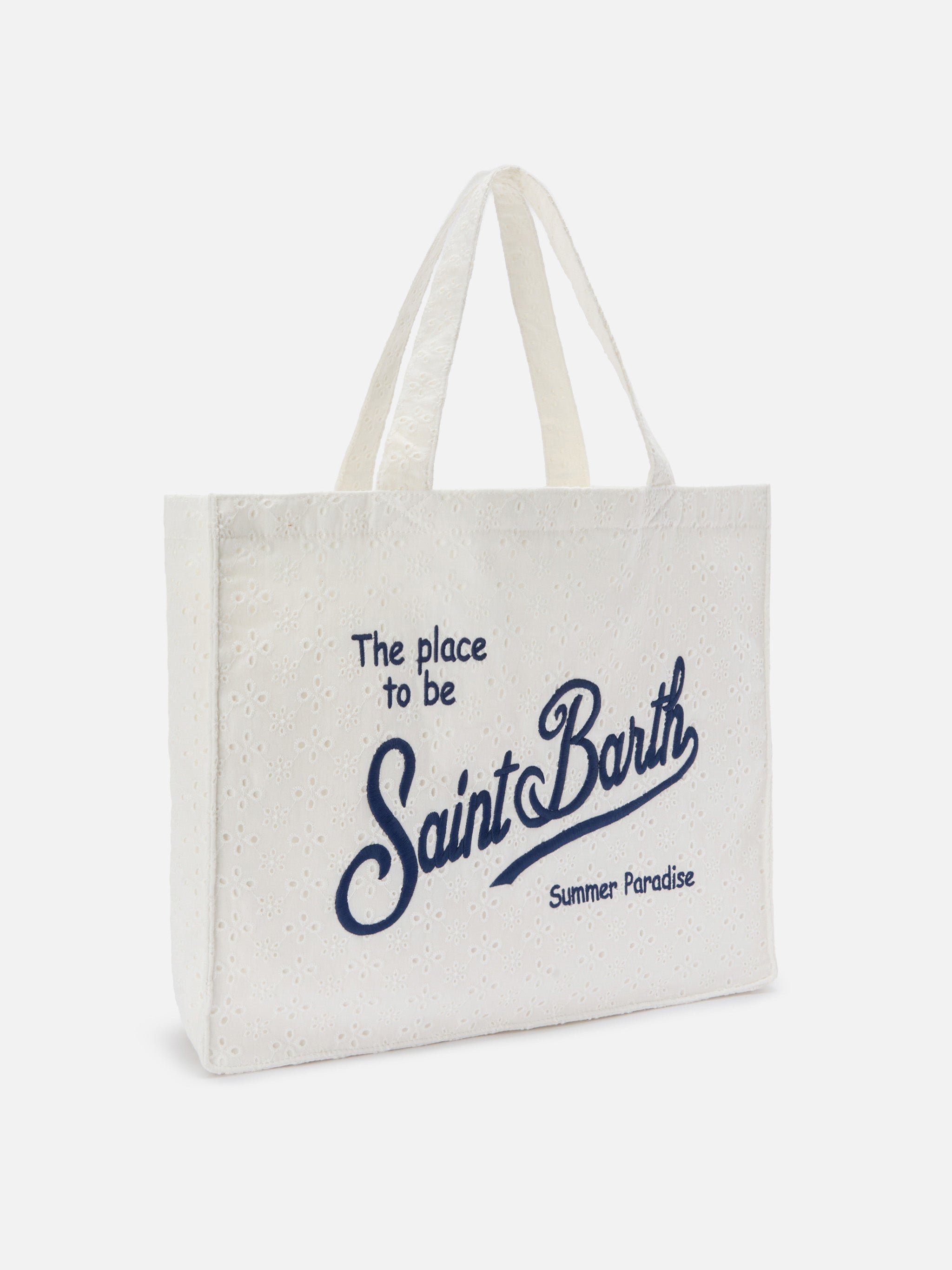 Borsa Essential in cotone sangallo bianco con logo a contrasto