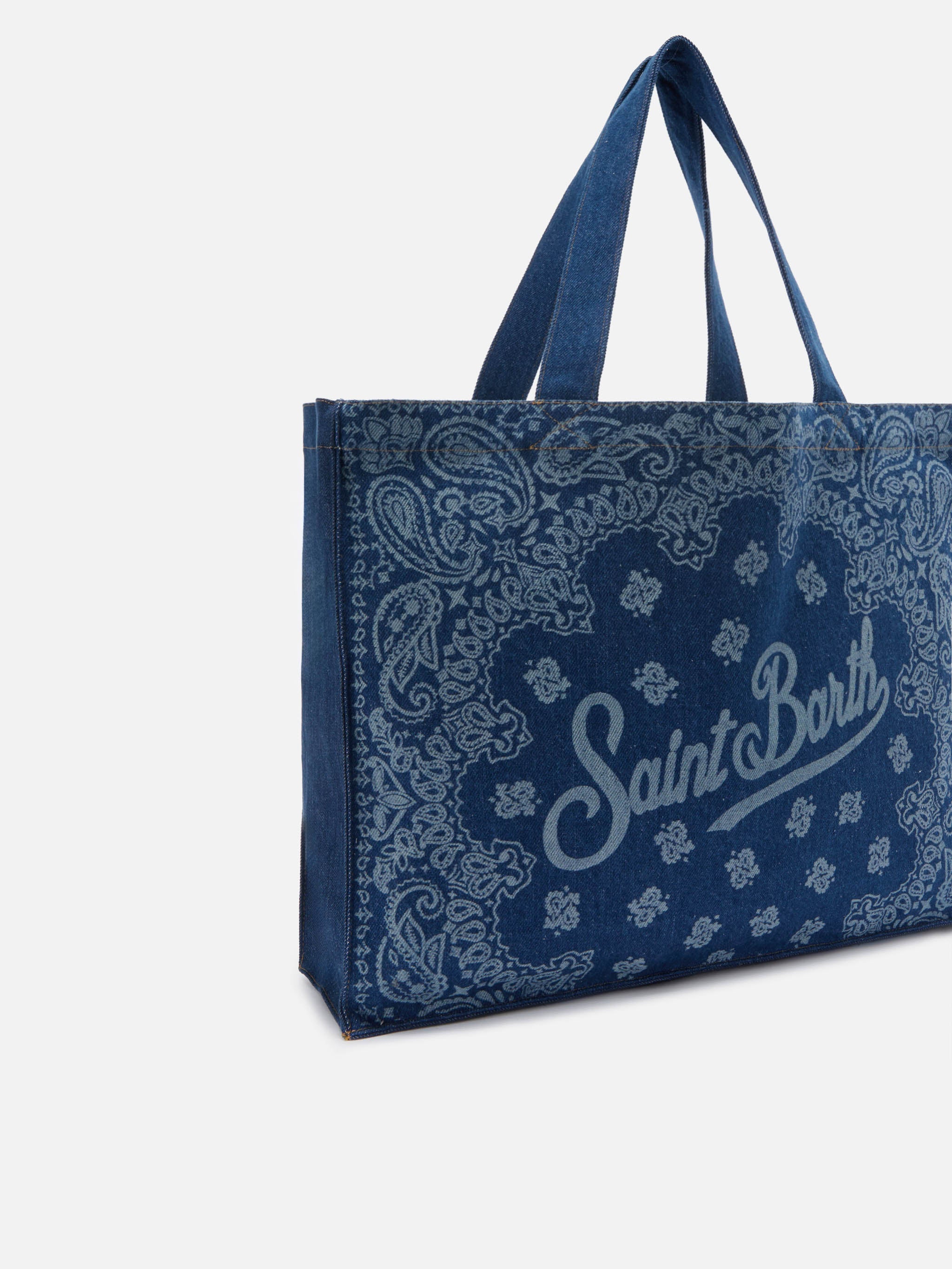 Borsa Essential in tessuto denim con stampa bandana e logo a contrasto
