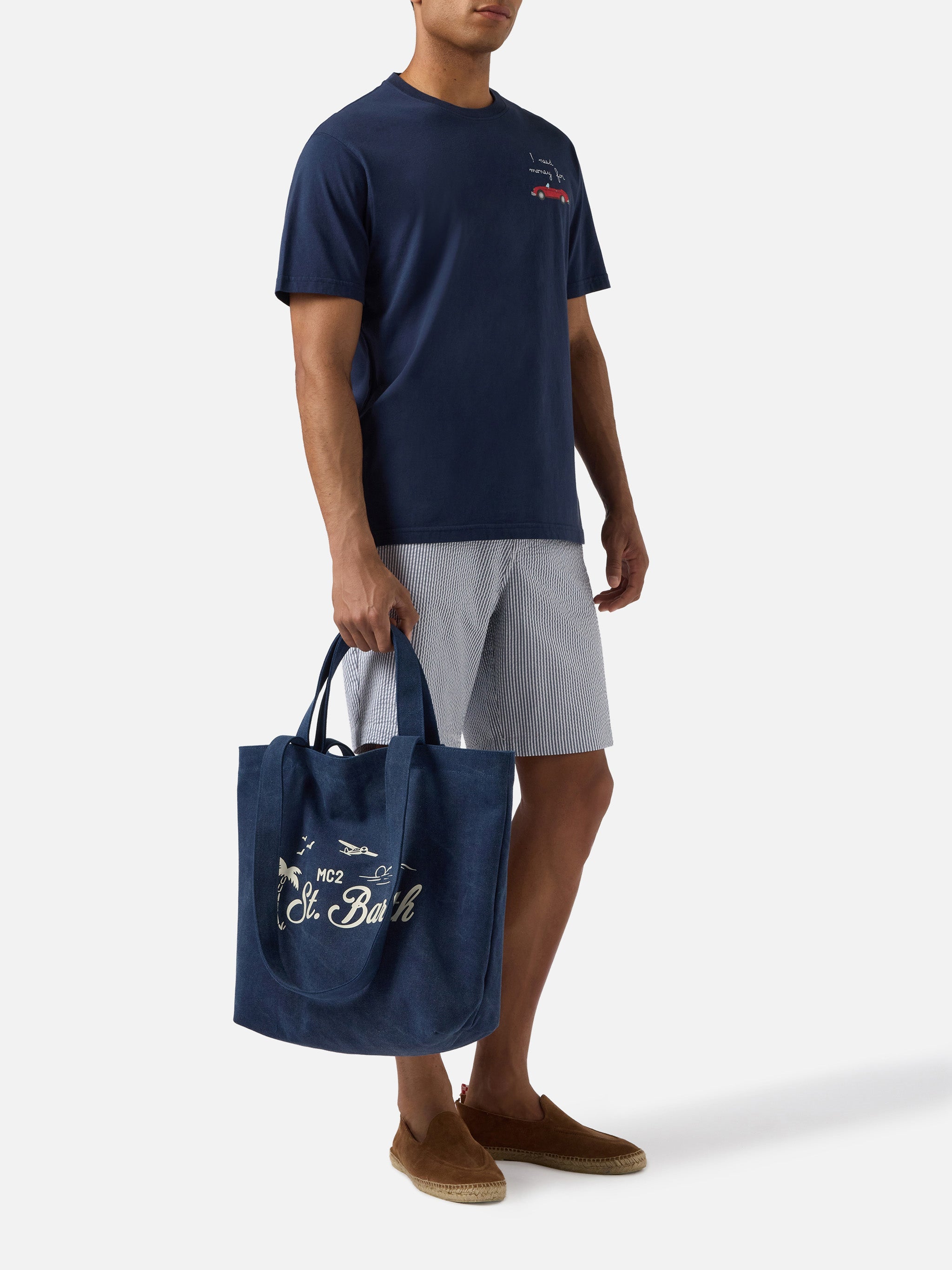 Borsa tote Essential Beach in cotone blu navy con logo ricamato