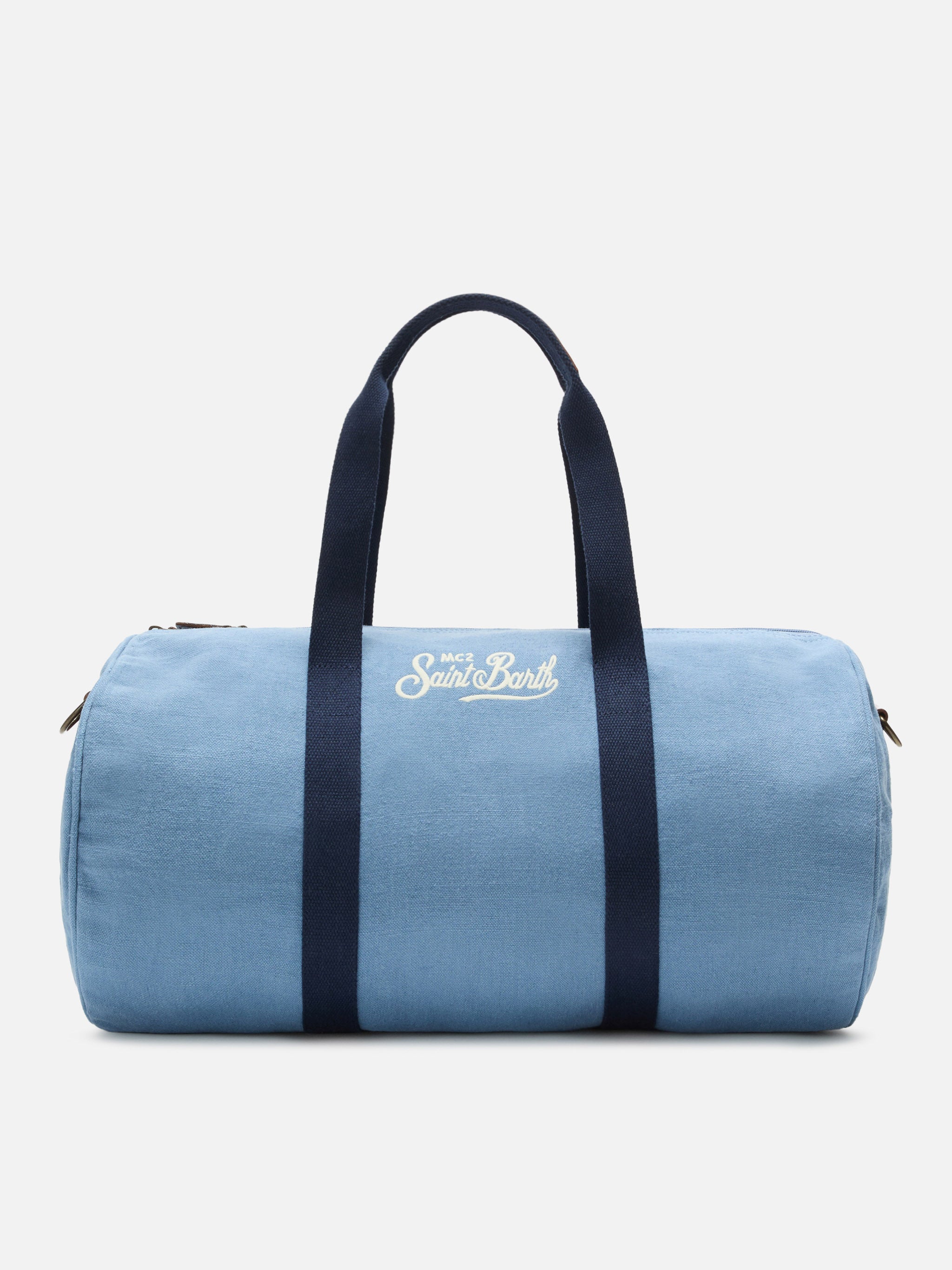 Borsone Round Jetleg in lino blu con logo ricamato a contrasto