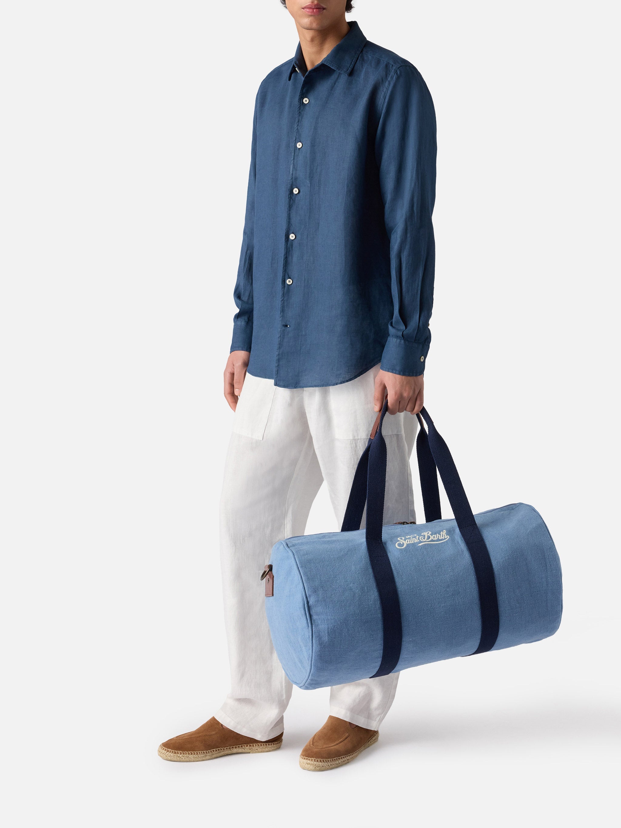 Borsone Round Jetleg in lino blu con logo ricamato a contrasto