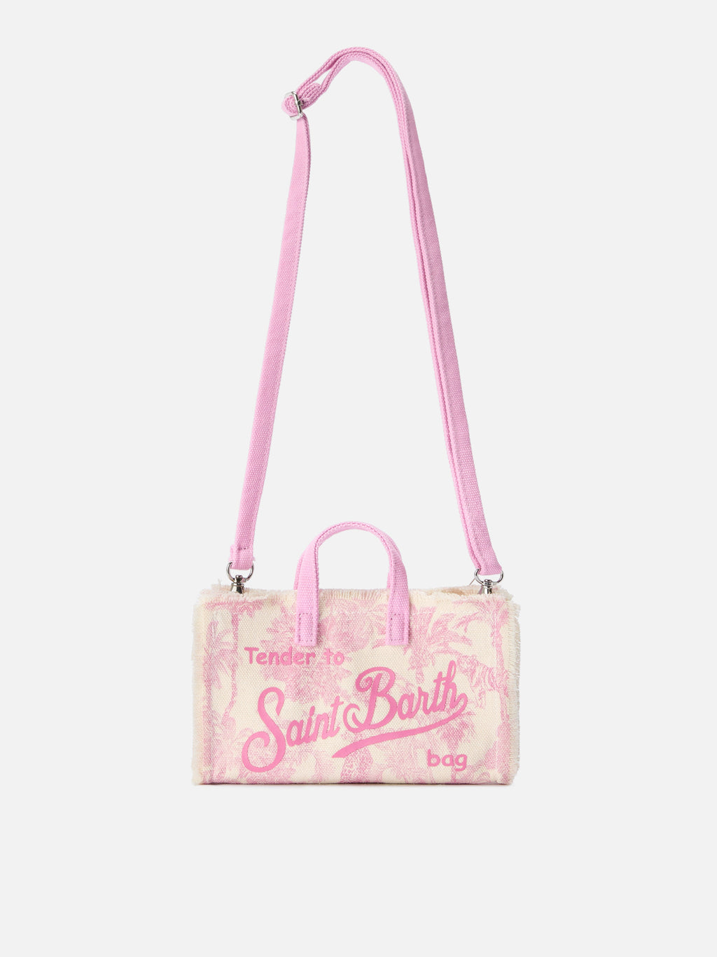 Borsa Phone micro in canvas con stampa toile de jouy rosa e logo a contrasto