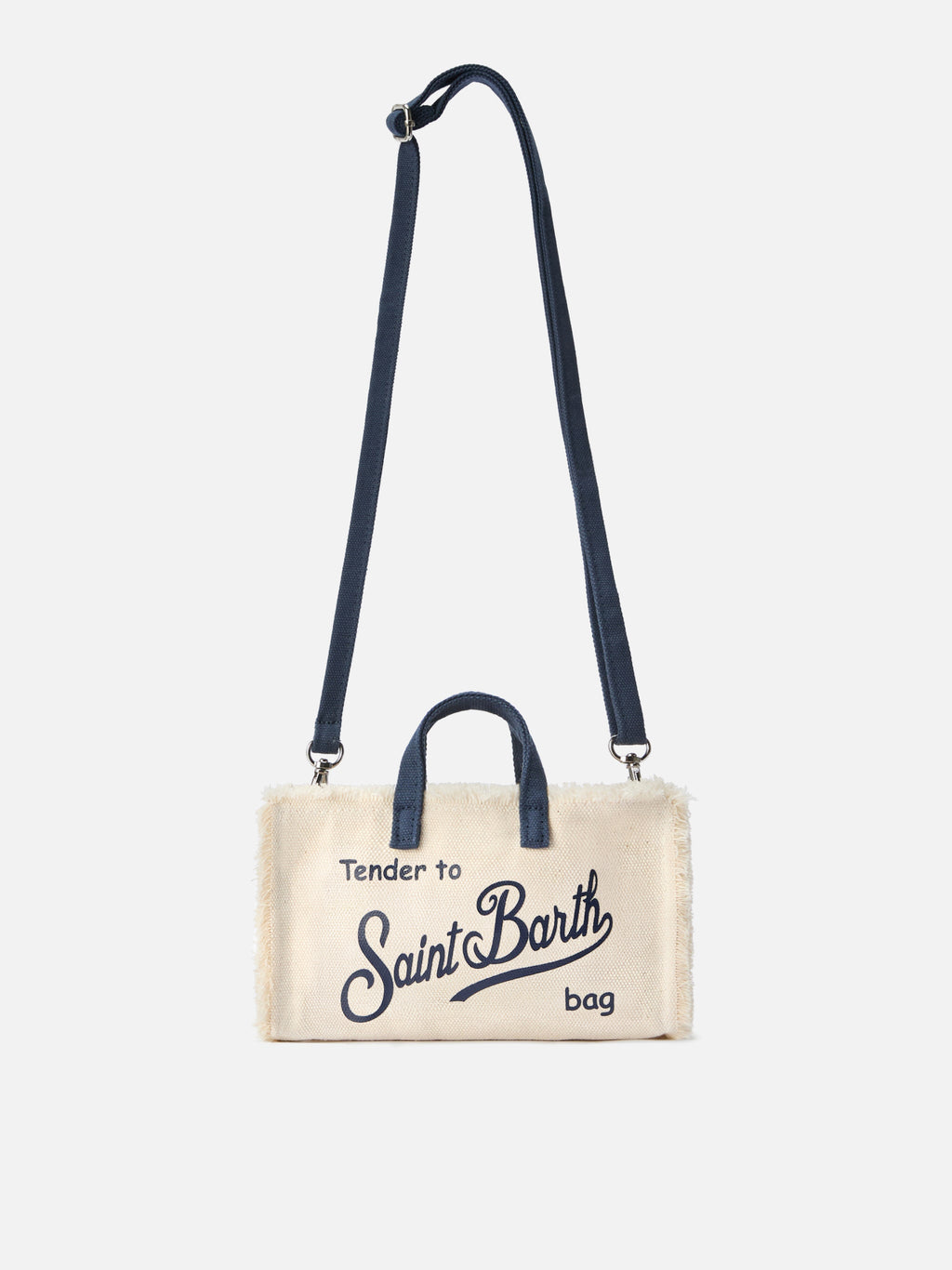 Borsa Phone micro in canvas bianco con dettagli blu e logo a contrasto