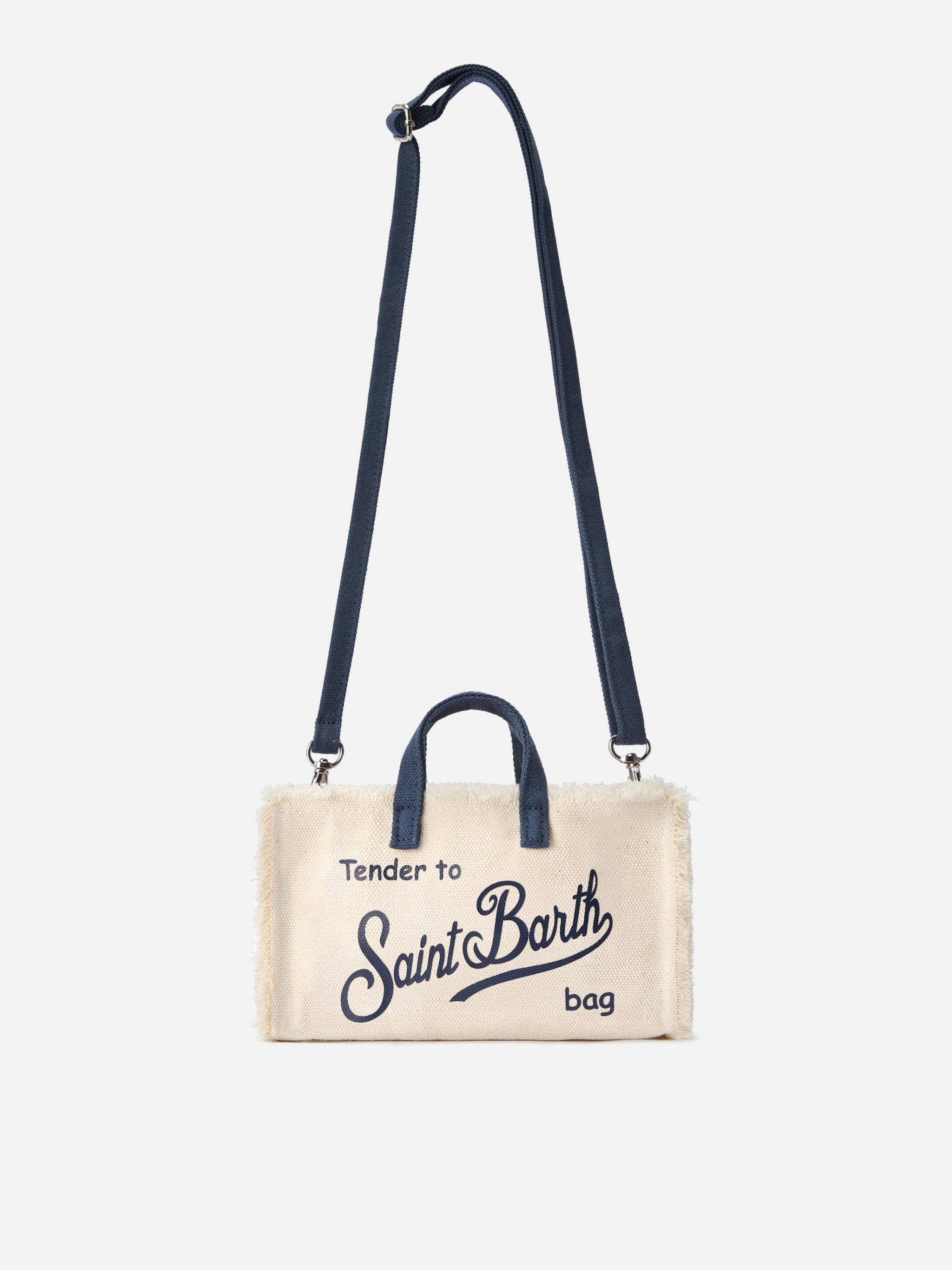 Borsa Phone micro in canvas bianco con dettagli blu e logo a contrasto