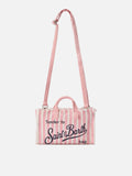 Borsa Phone micro in lino a righe rosa e bianche con logo a contrasto