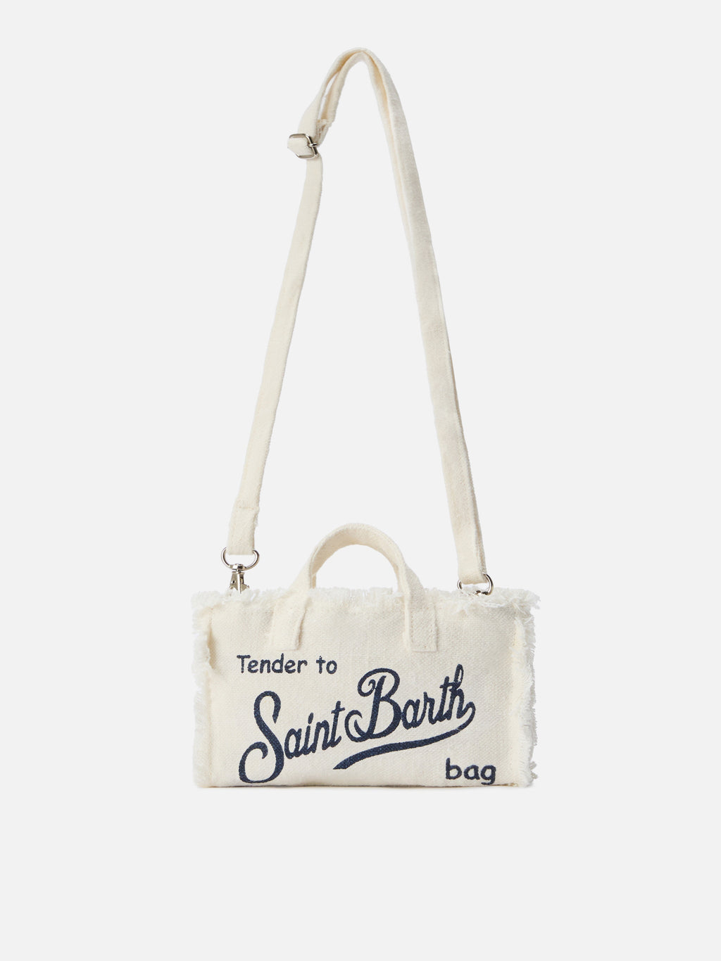 Borsa Phone micro in lino bianco tinta unita con logo a contrasto