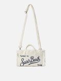 Borsa Phone micro in lino bianco tinta unita con logo a contrasto