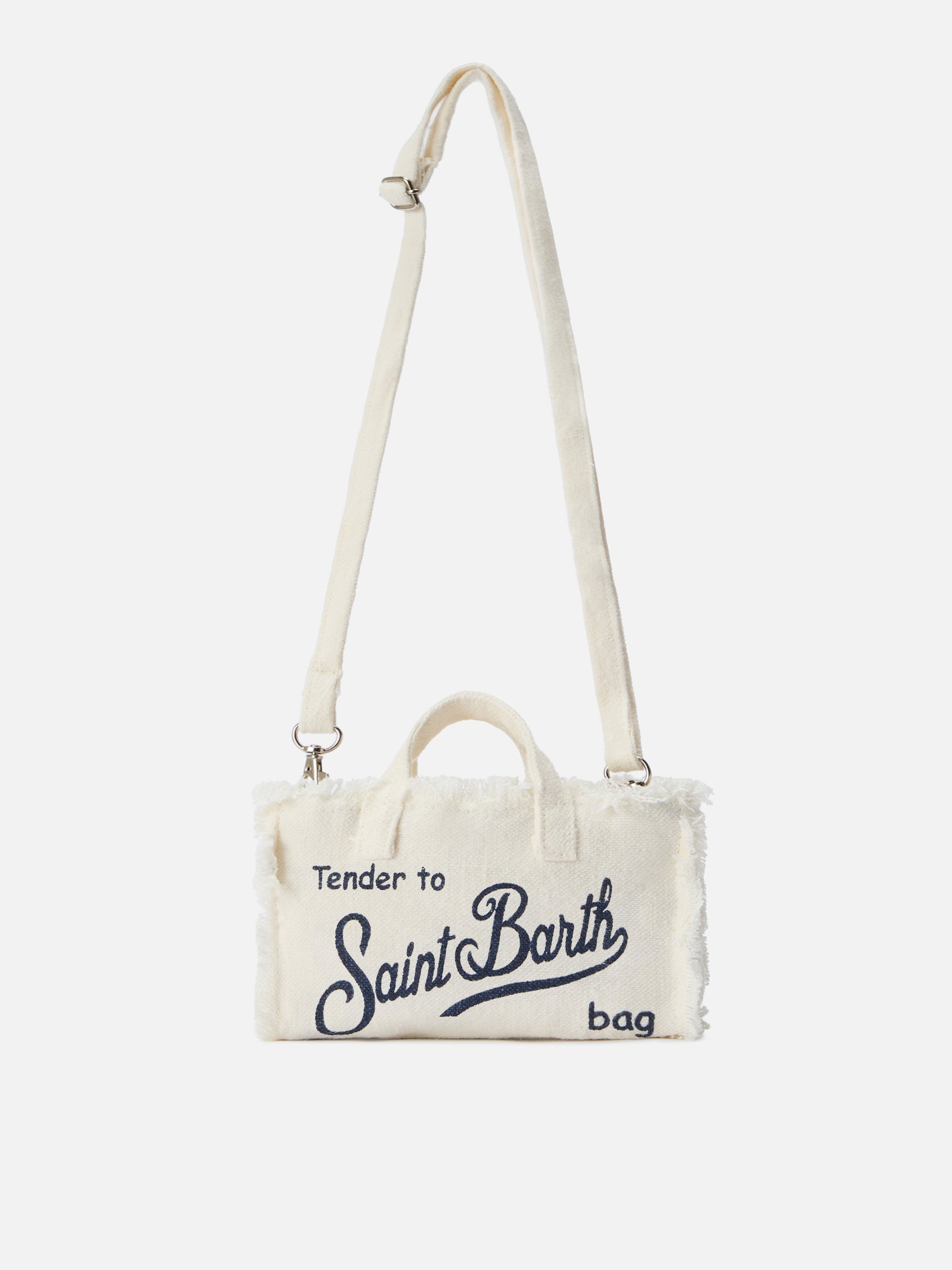Borsa Phone micro in lino bianco tinta unita con logo a contrasto