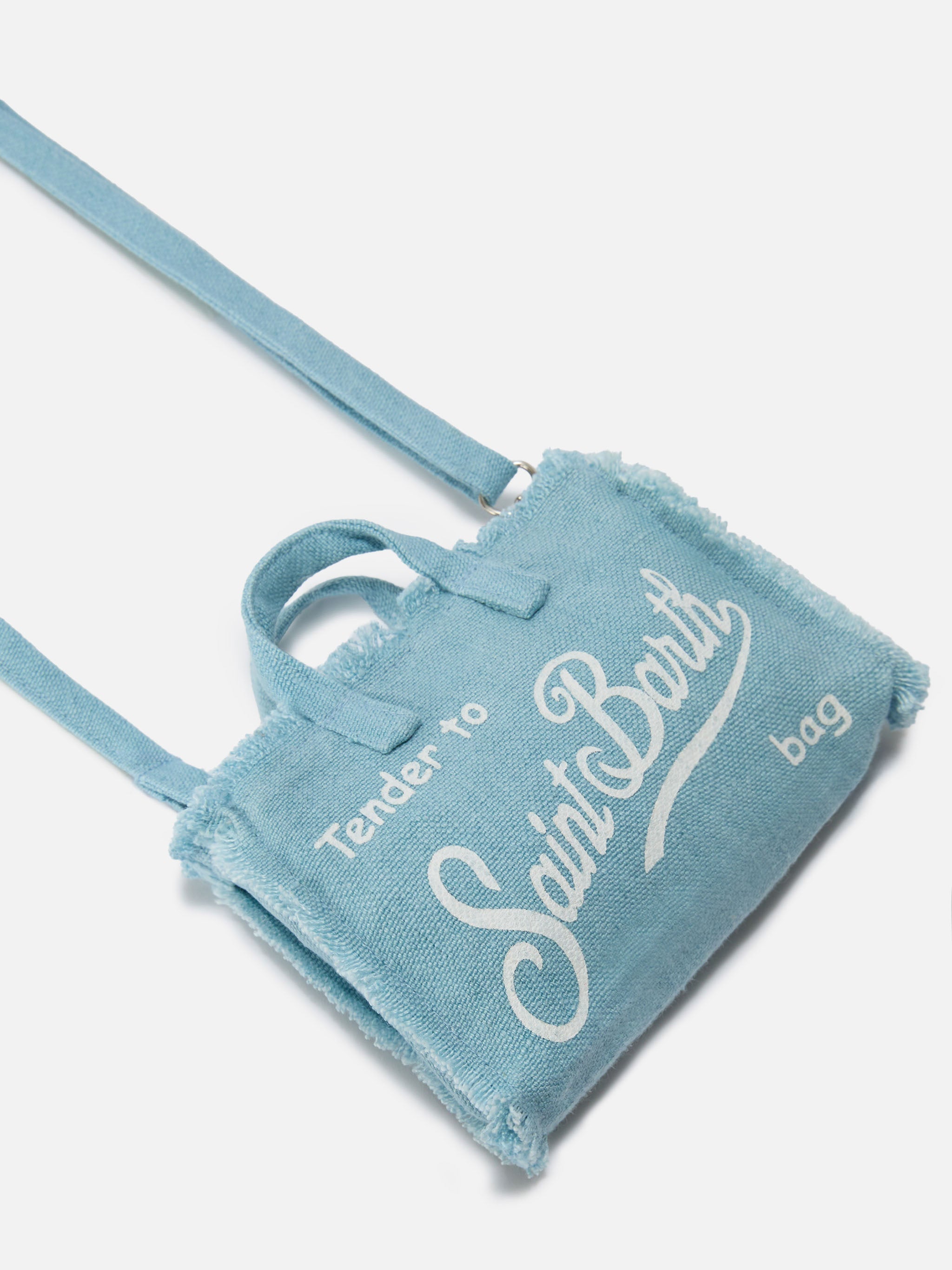 Borsa Phone micro in lino azzurro tinta unita con logo a contrasto