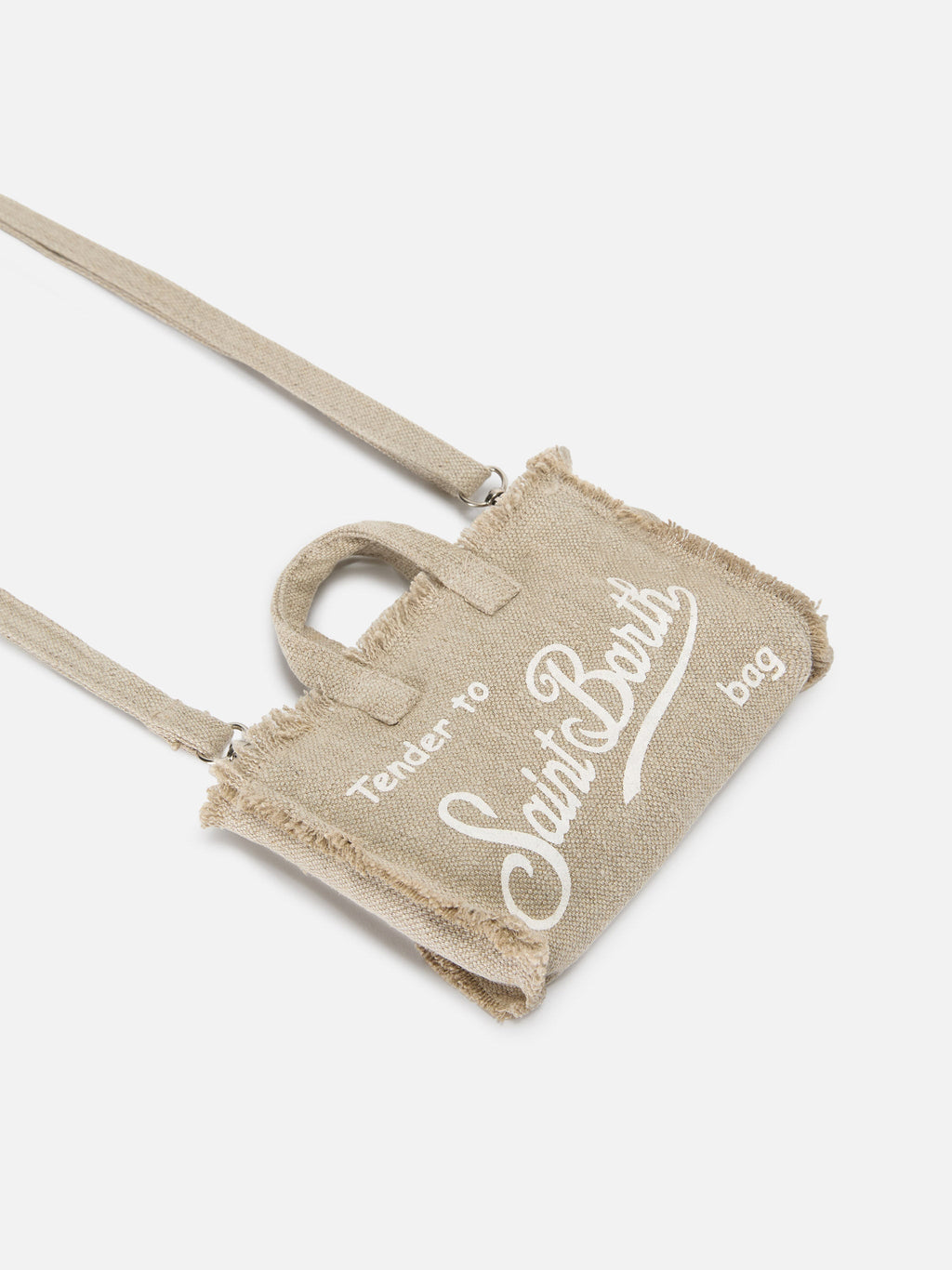 Borsa Phone micro in lino beige tinta unita con logo a contrasto