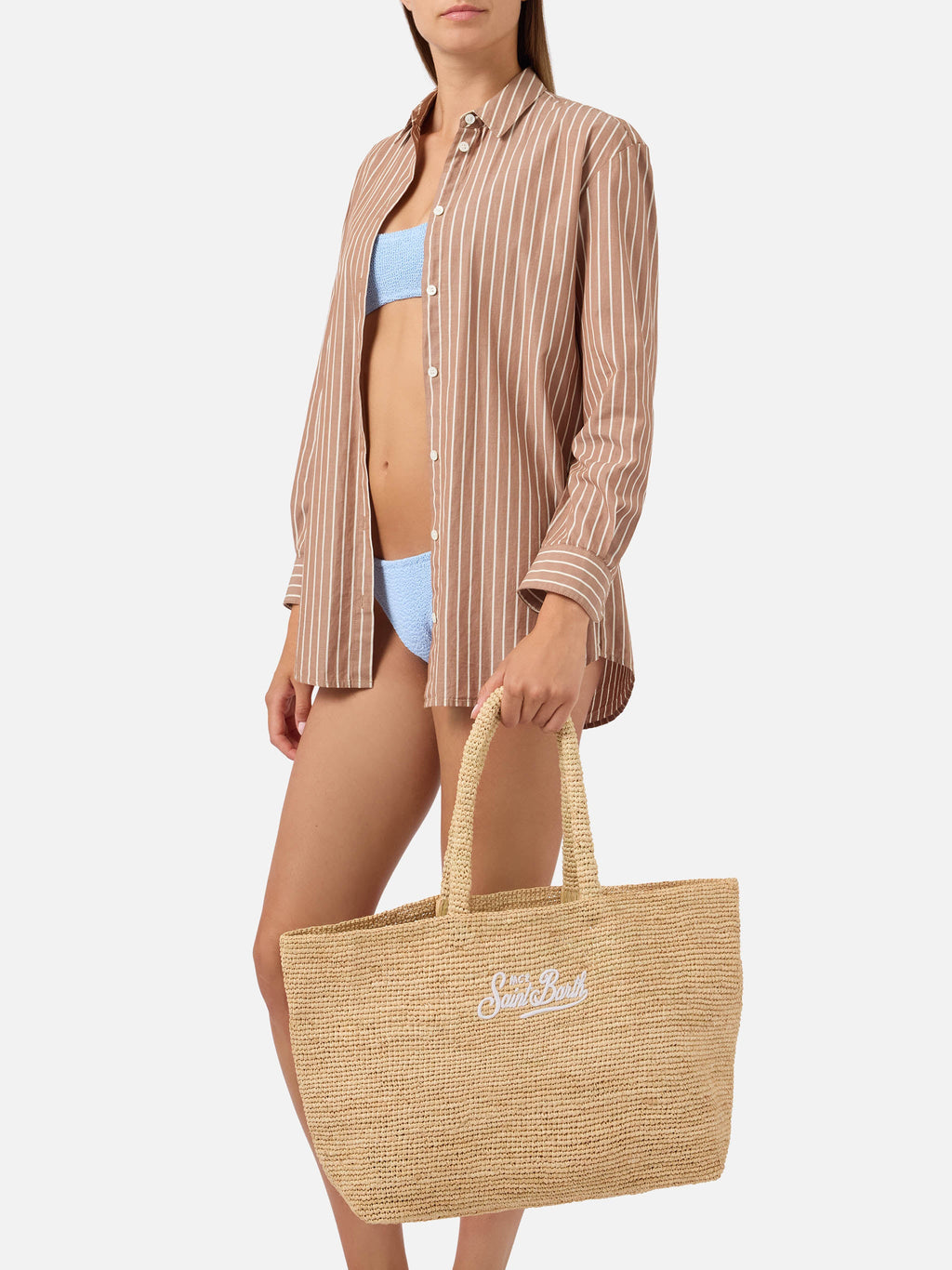 Borsa Beach in raffia con logo ricamato