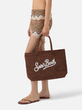 Borsa Beach in raffia marrone con logo ricamato a contrasto