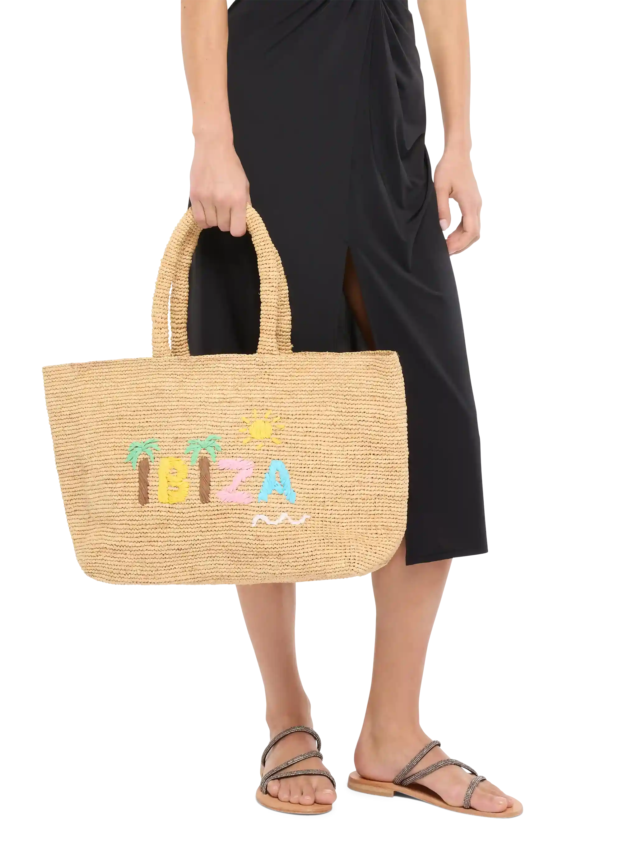 Beige Raffia Beach bag with cotton pouch and Ibiza embroidery - MC2 Saint Barth