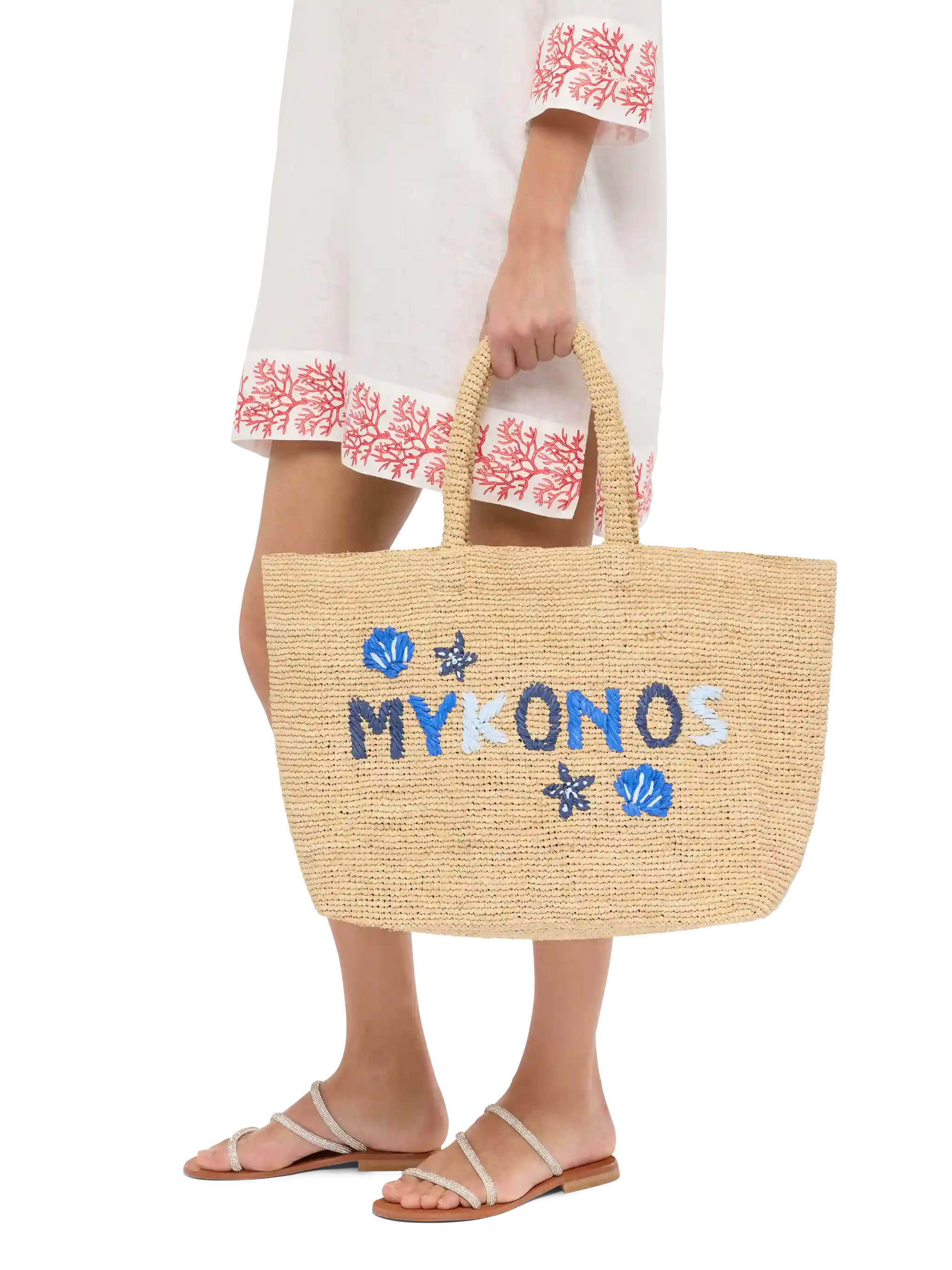 Beige Raffia Beach bag with cotton pouch and Mykonos embroidery - MC2 Saint Barth