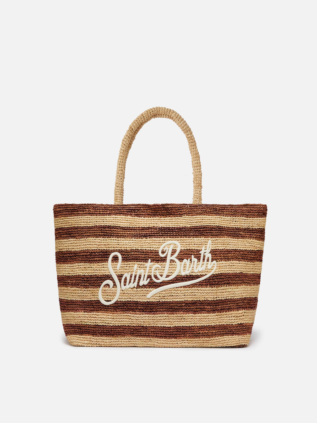 Borsa Beach in raffia a righe marroni con logo ricamato