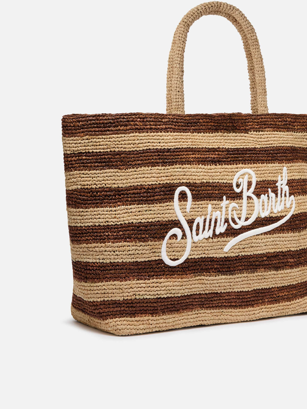 Borsa Beach in raffia a righe marroni con logo ricamato
