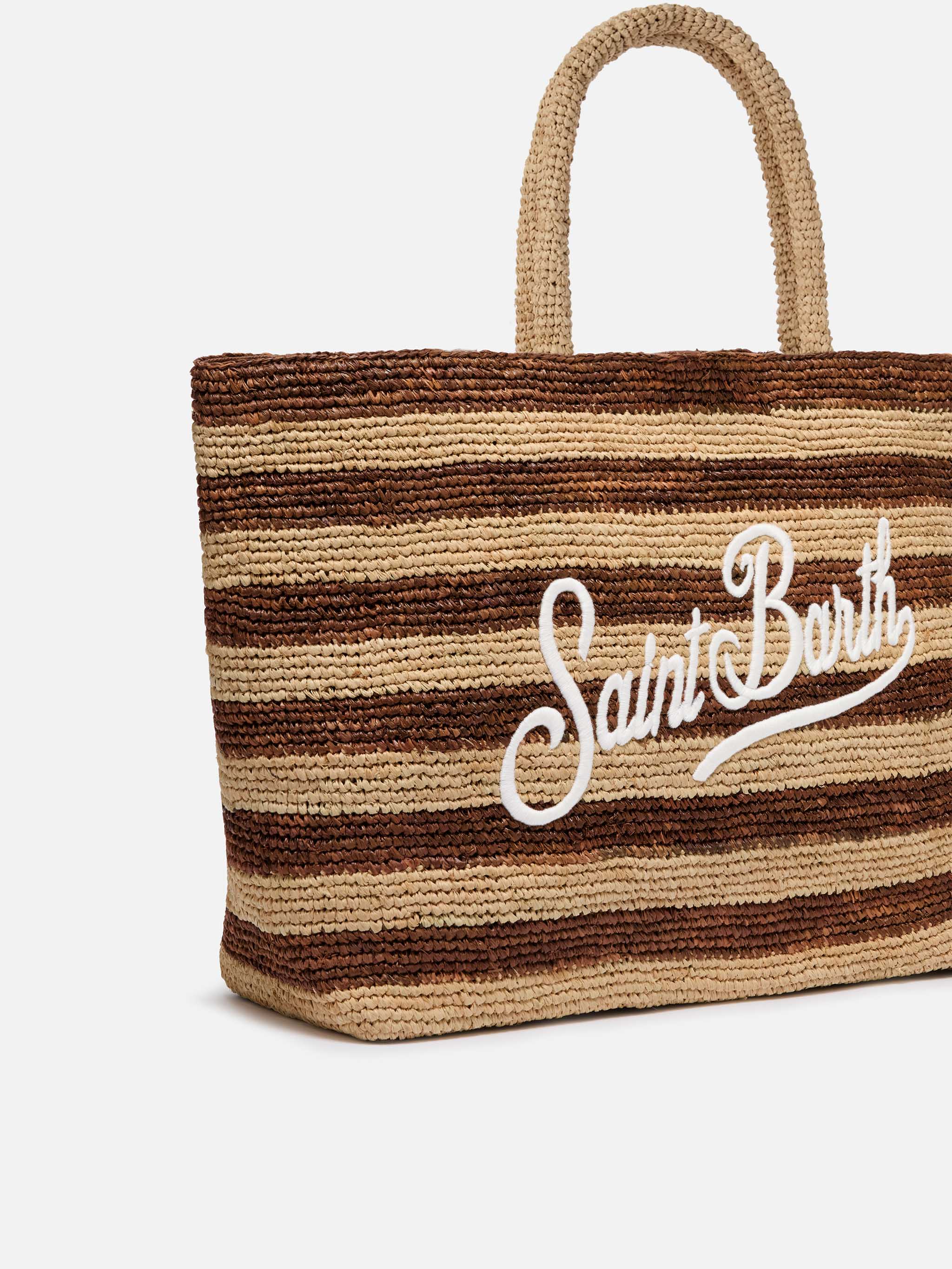 Borsa Beach in raffia a righe marroni con logo ricamato