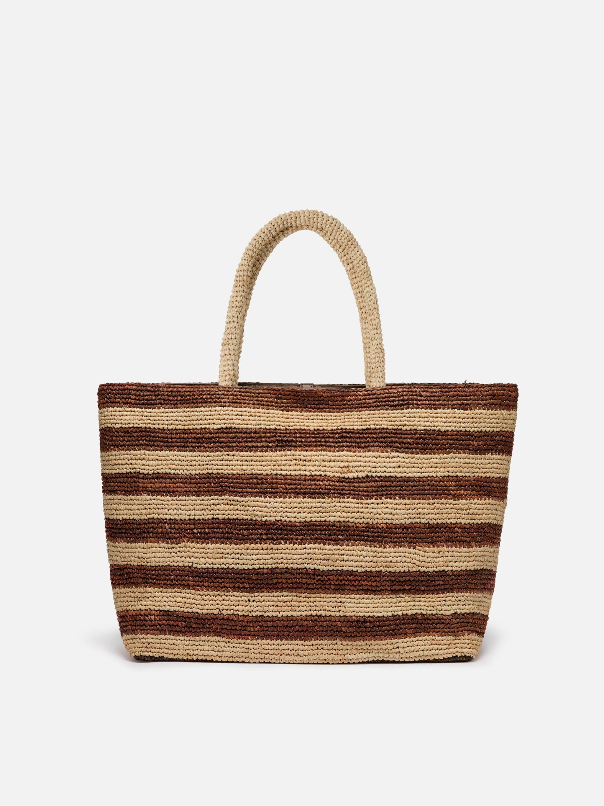 Borsa Beach in raffia a righe marroni con logo ricamato