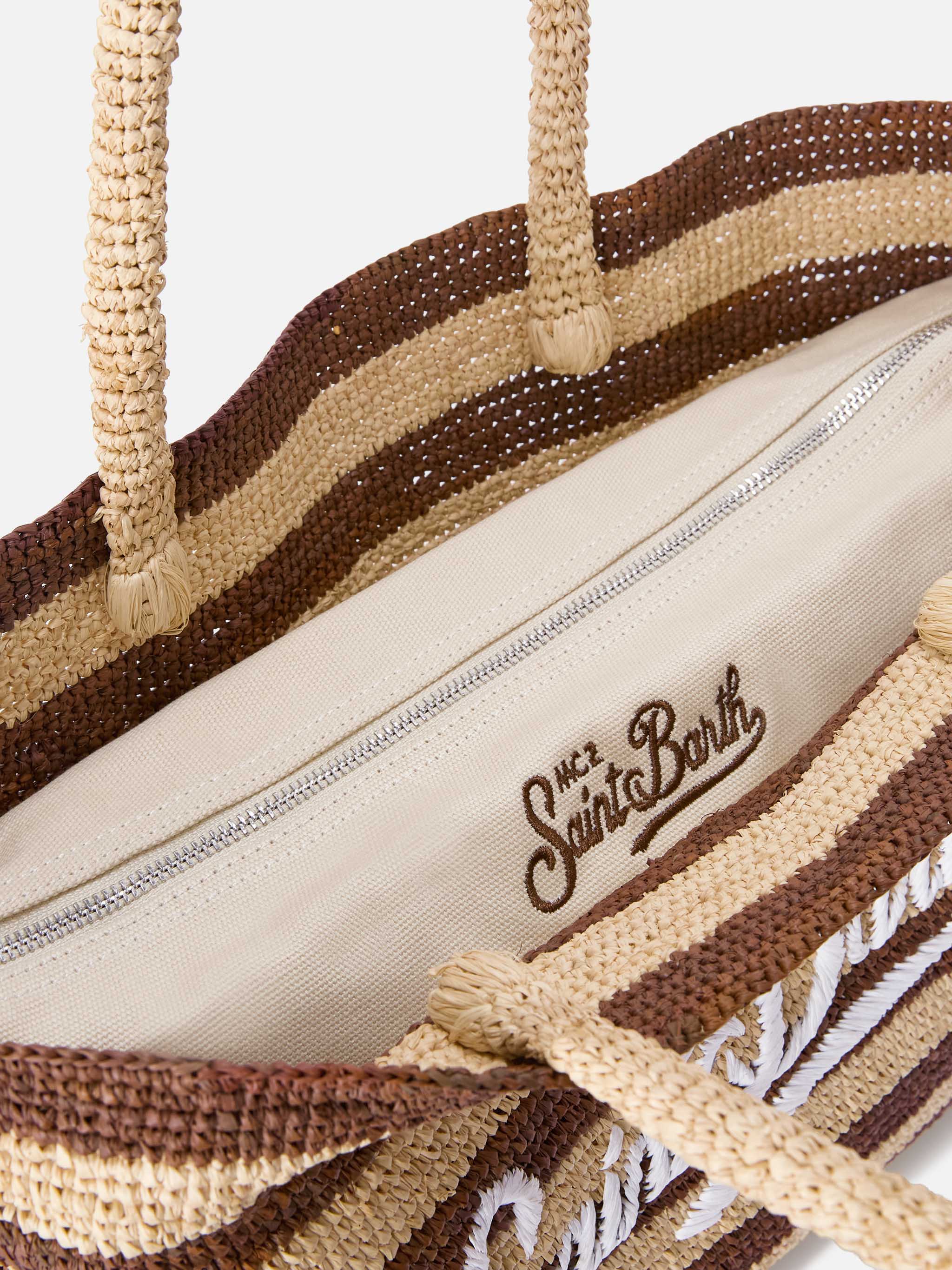 Borsa Beach in raffia a righe marroni con logo ricamato