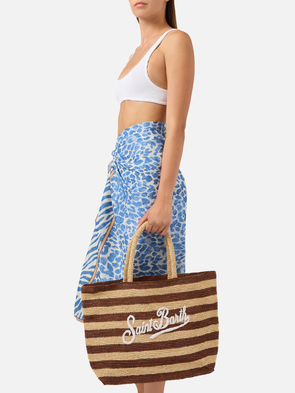 Borsa Beach in raffia a righe marroni con logo ricamato