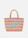 Borsa Beach medium in raffia a righe rosa con logo ricamato