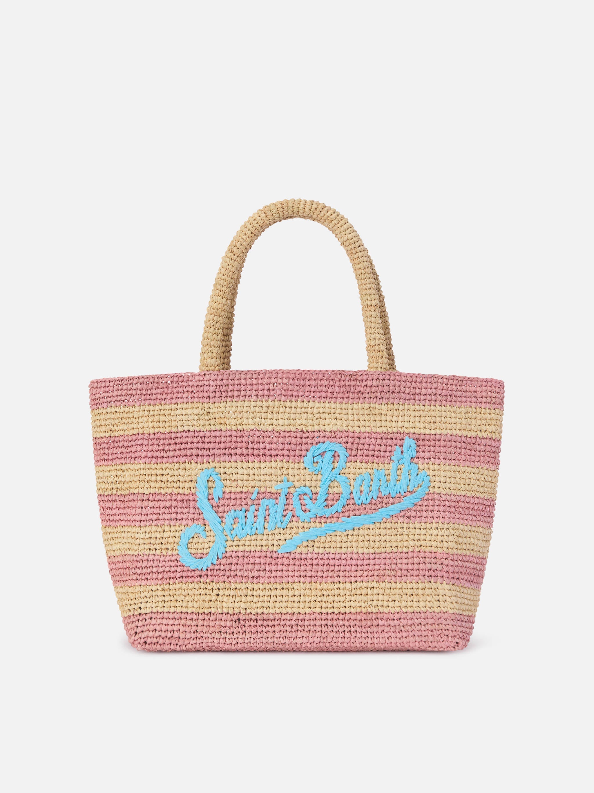 Borsa Beach medium in raffia a righe rosa con logo ricamato