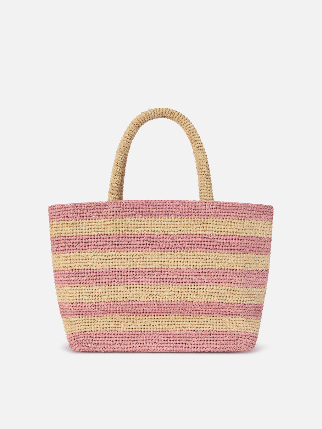 Borsa Beach medium in raffia a righe rosa con logo ricamato