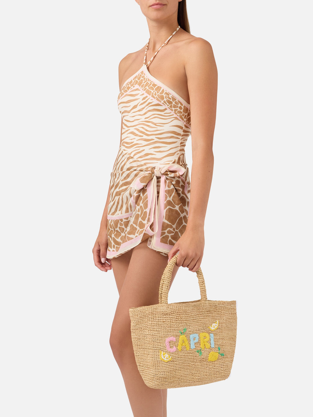Borsa Beach medium in raffia con ricamo Capri