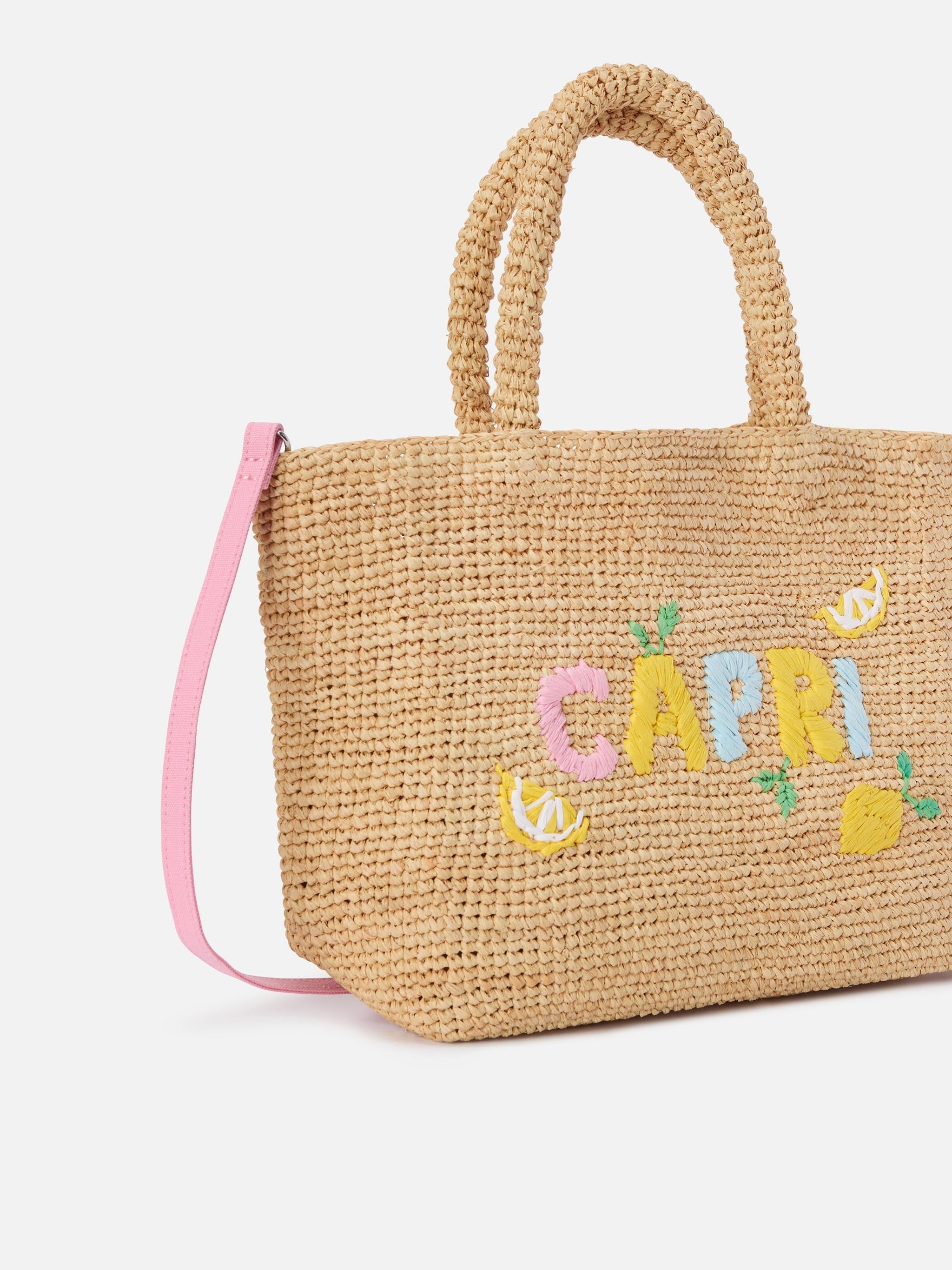 Borsa Beach medium in raffia con ricamo Capri