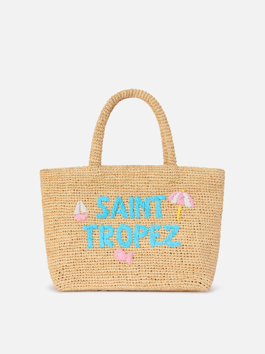 Borsa Beach medium in raffia con ricamo Saint Tropez