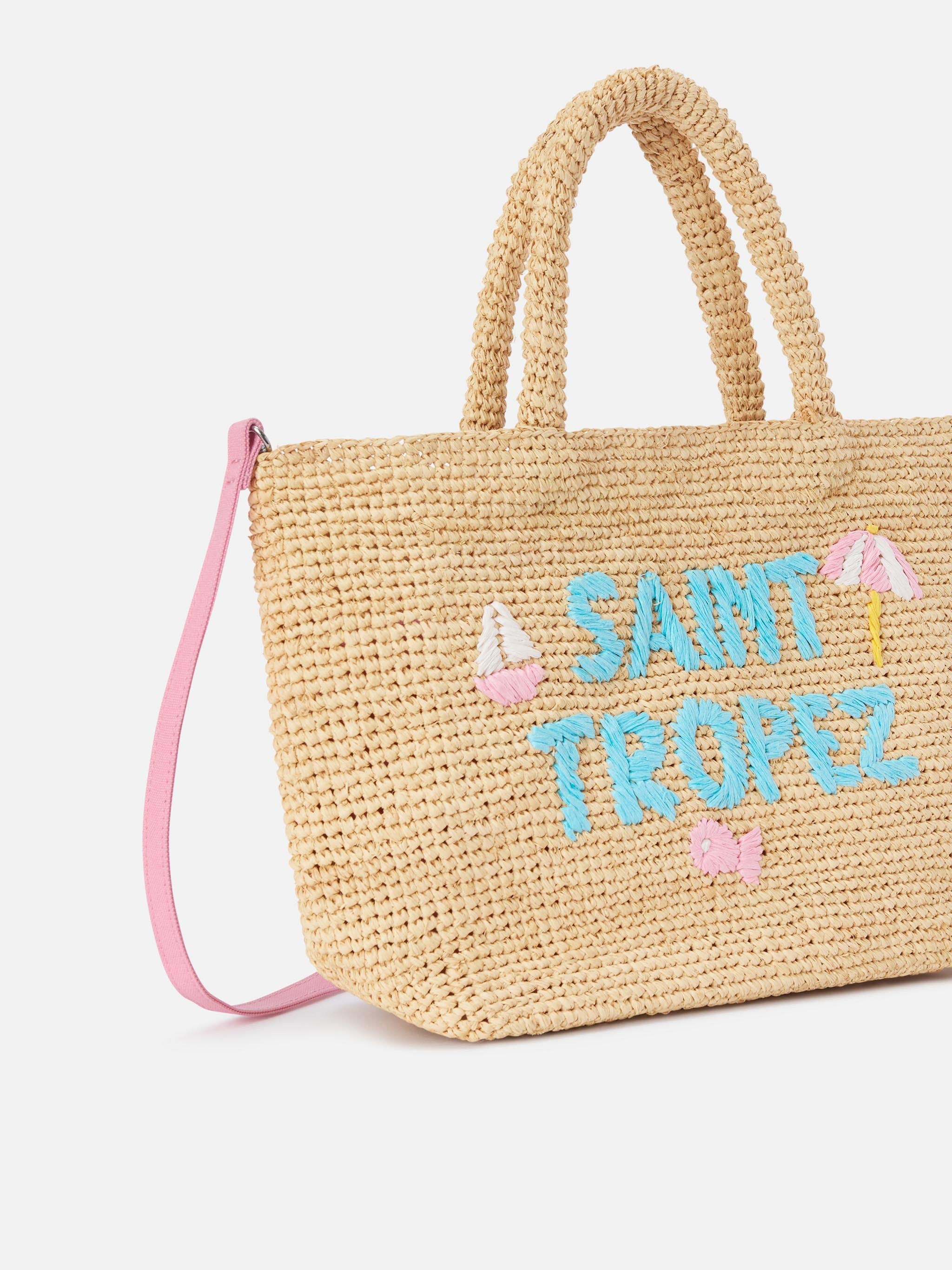 Borsa Beach medium in raffia con ricamo Saint Tropez
