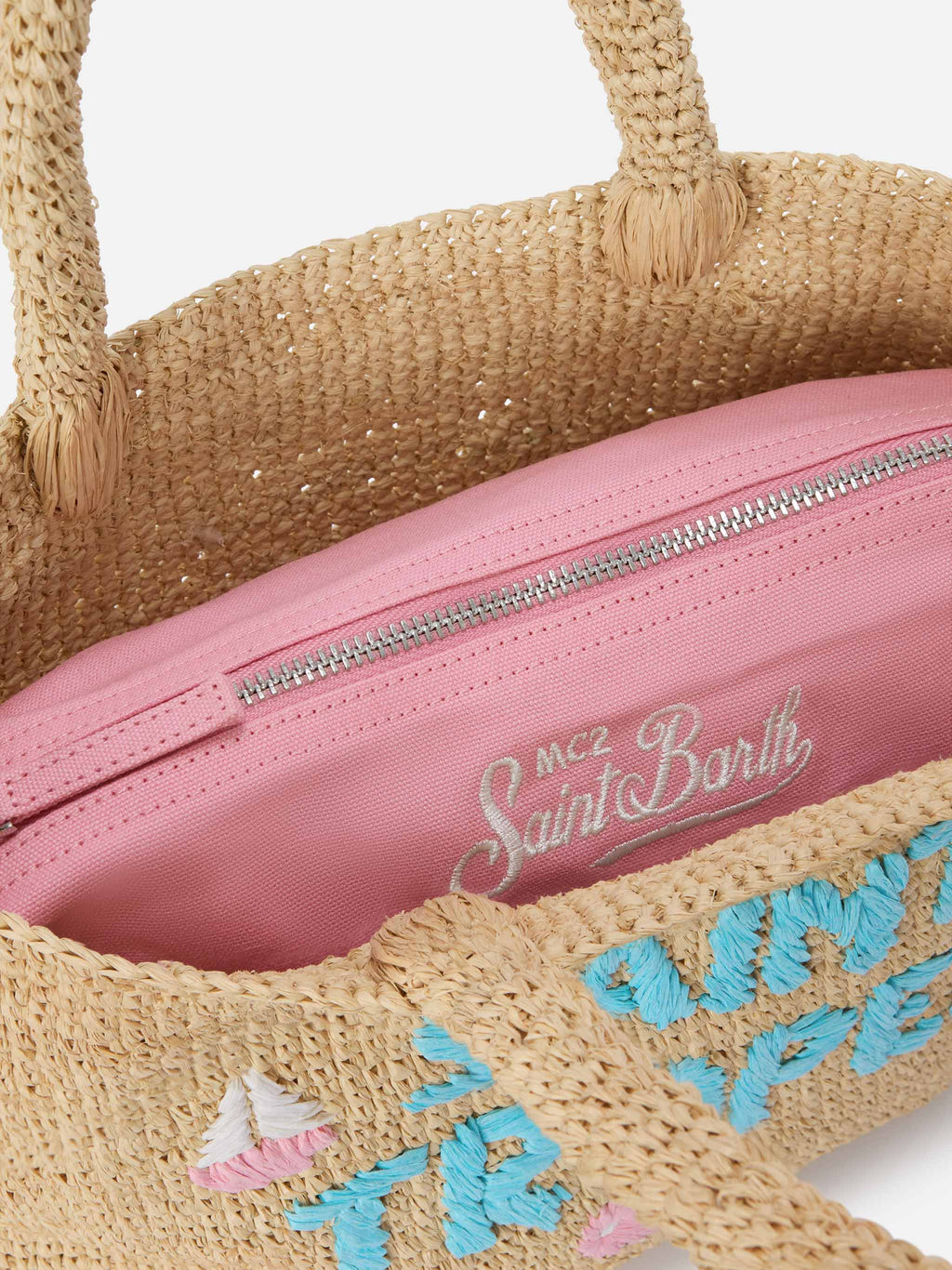 Borsa Beach medium in raffia con ricamo Saint Tropez