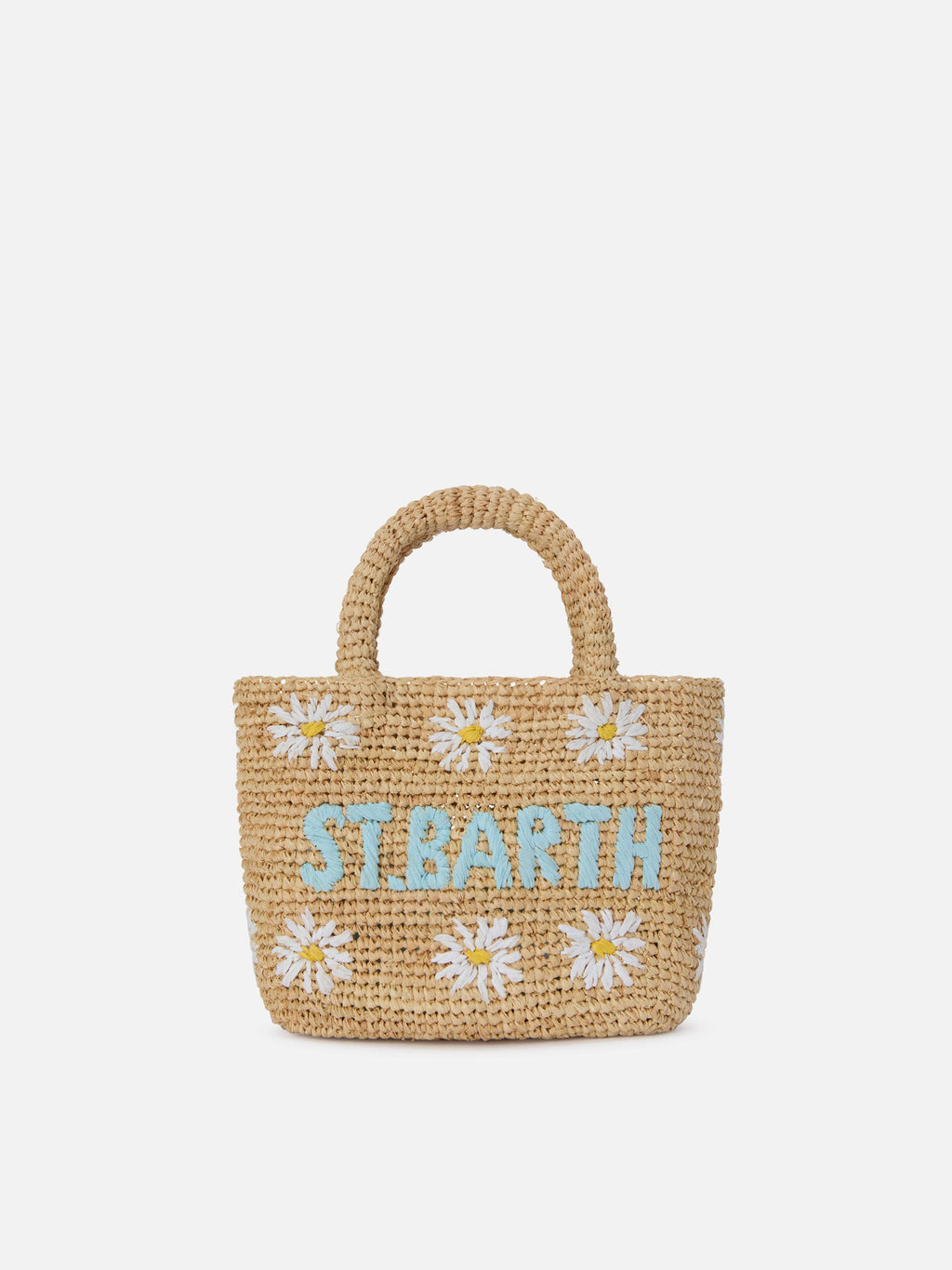 Borsa Beach mini in raffia con margherite  ricamate