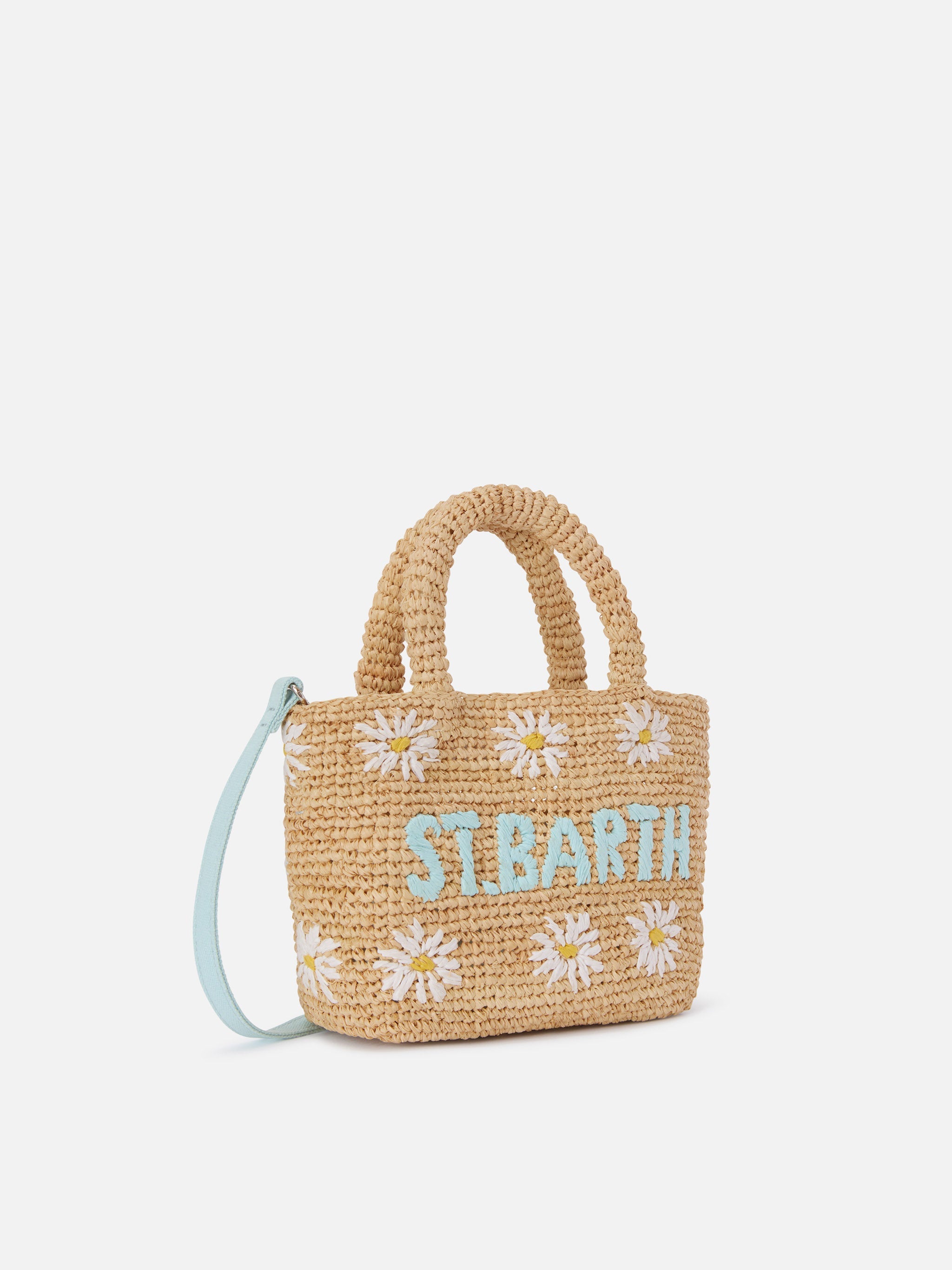 Borsa Beach mini in raffia con margherite  ricamate