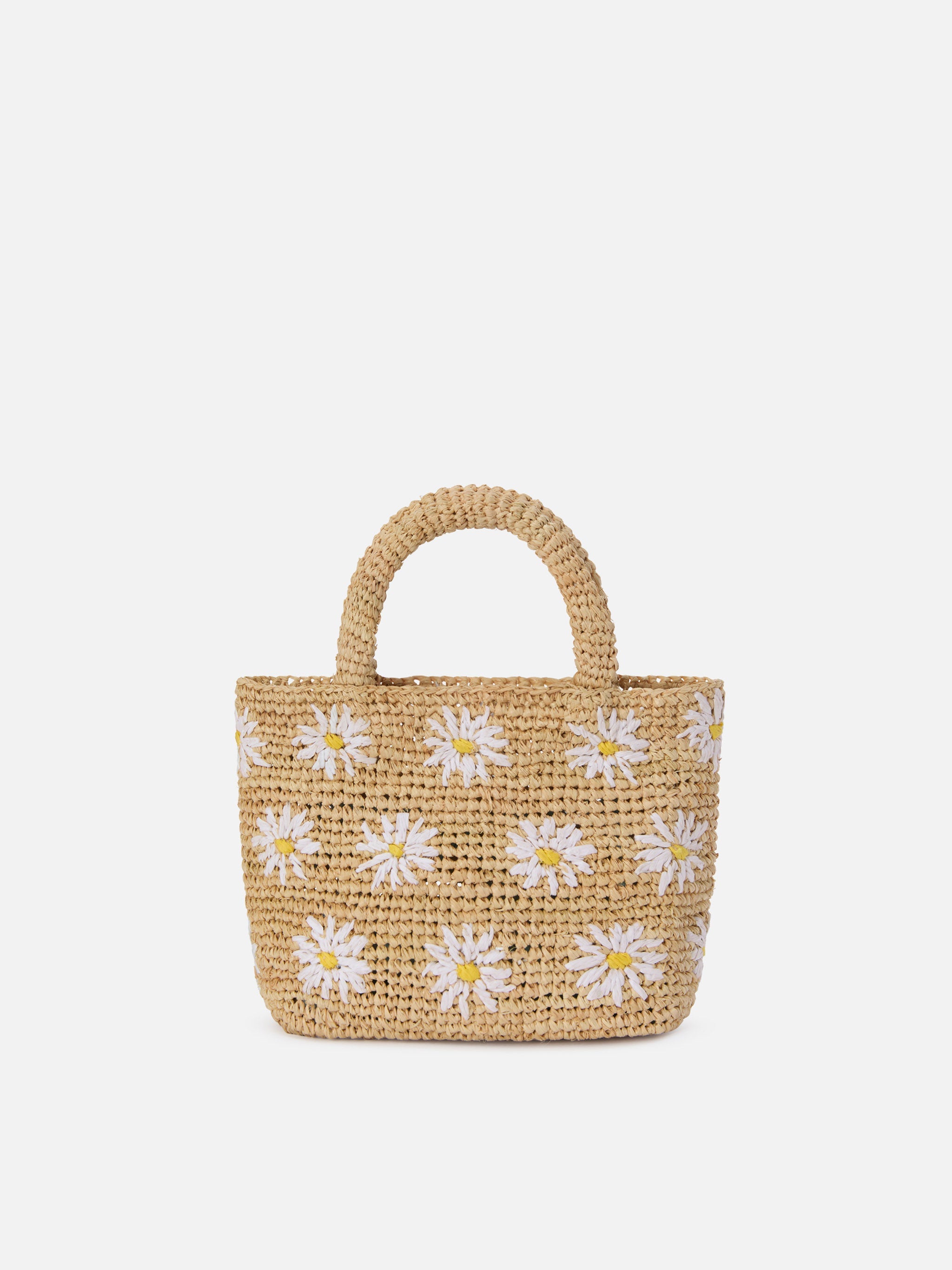 Borsa Beach mini in raffia con margherite  ricamate