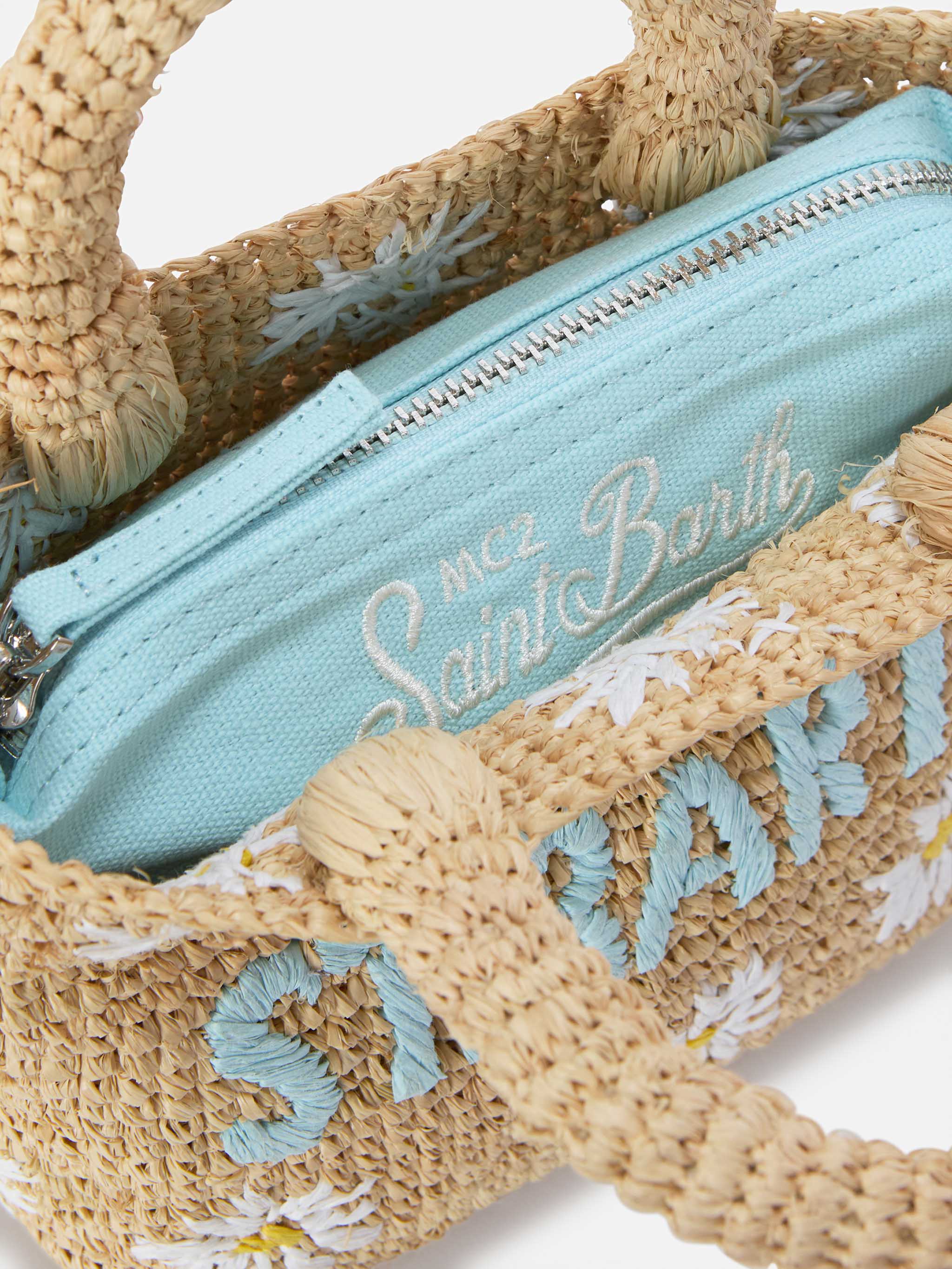 Borsa Beach mini in raffia con margherite  ricamate