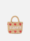 Borsa Beach mini in raffia con cuori  ricamati