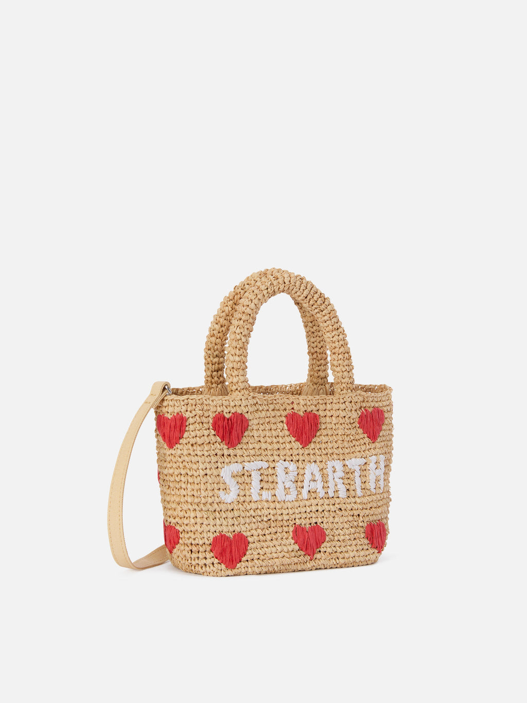 Borsa Beach mini in raffia con cuori  ricamati