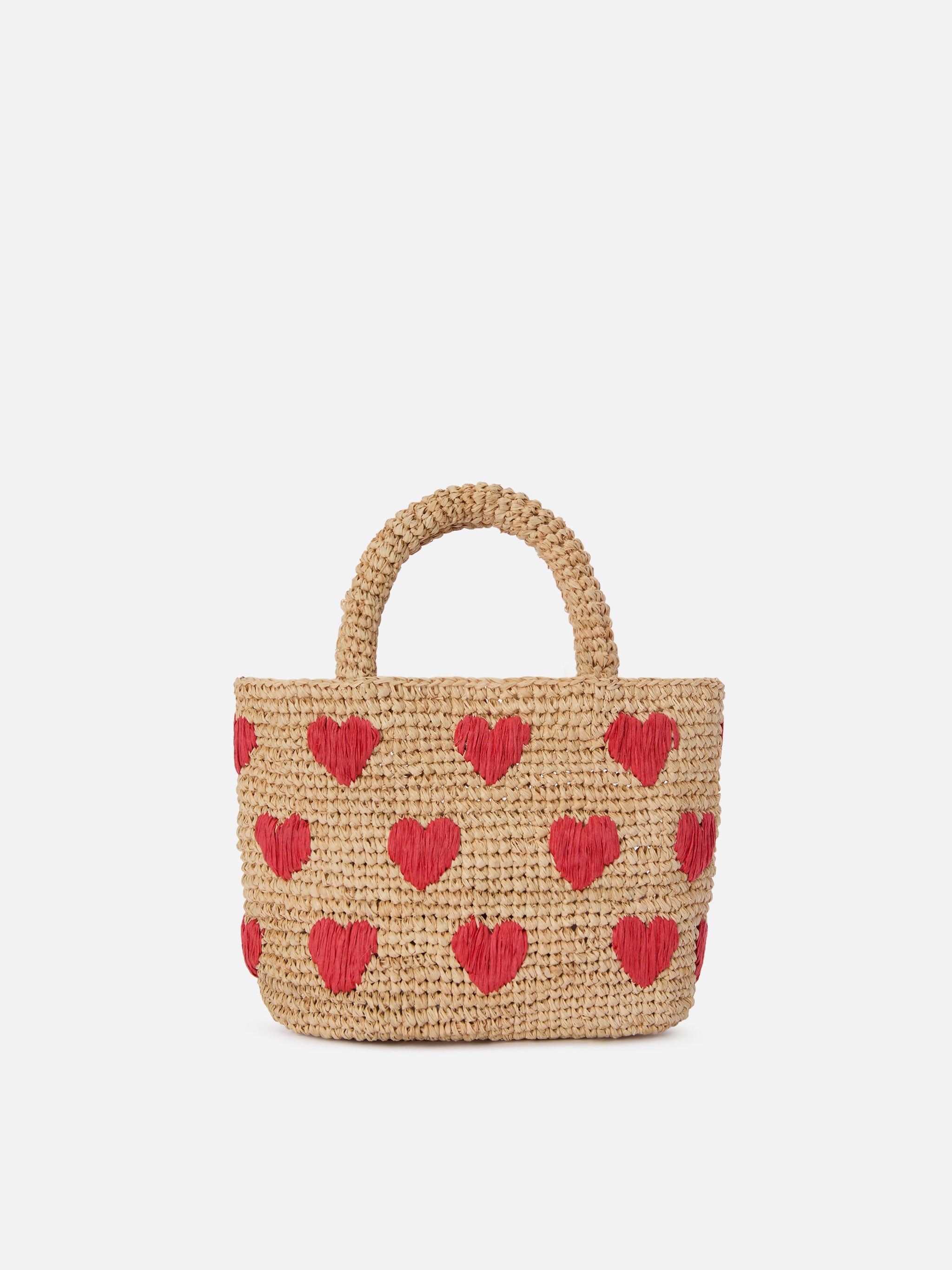 Borsa Beach mini in raffia con cuori  ricamati