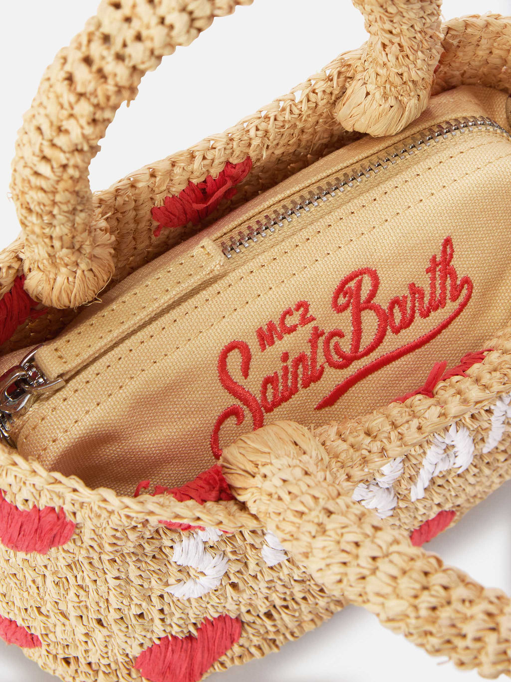 Borsa Beach mini in raffia con cuori  ricamati