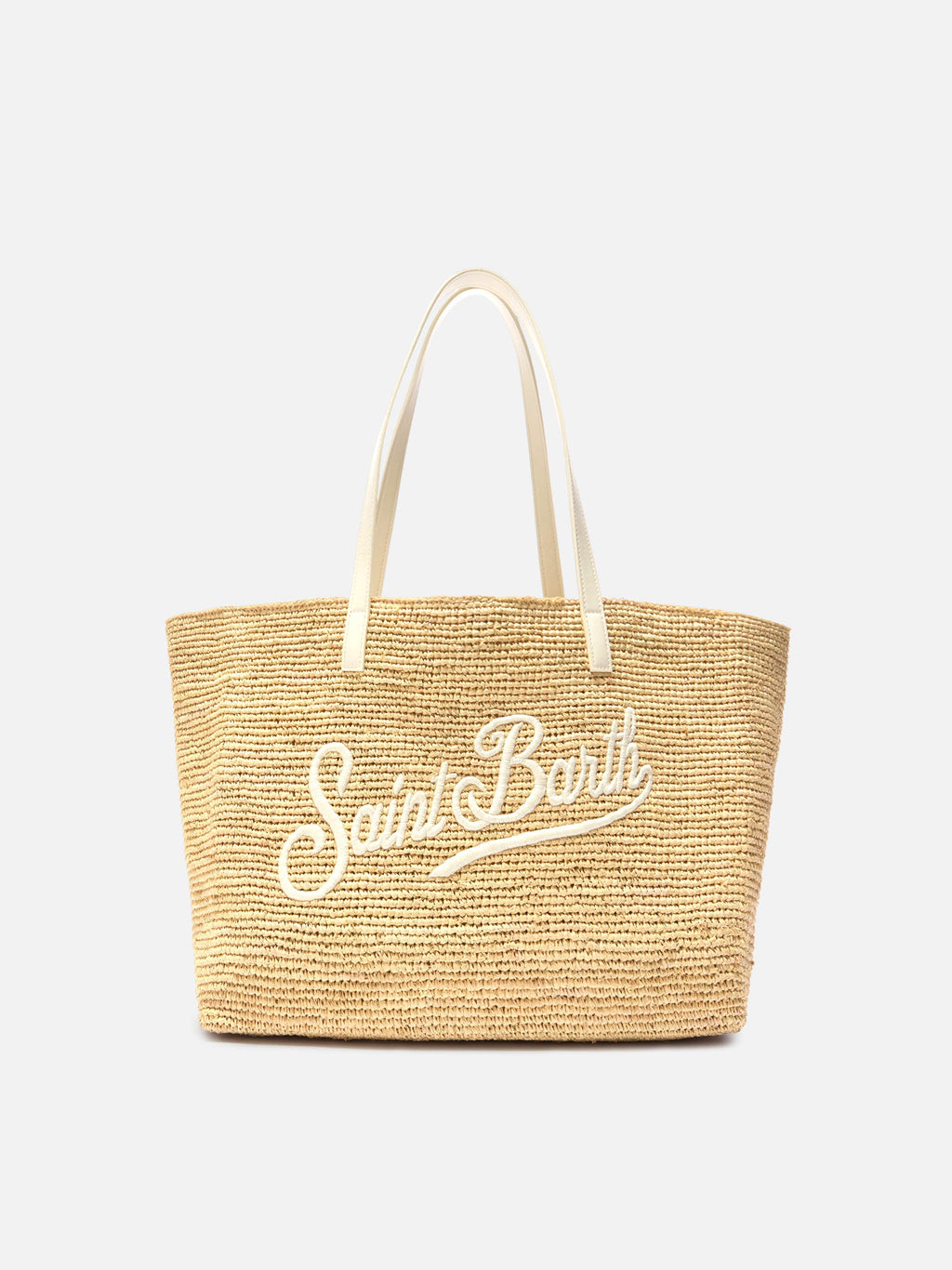 Borsa City in raffia con logo avorio ricamato a contrasto
