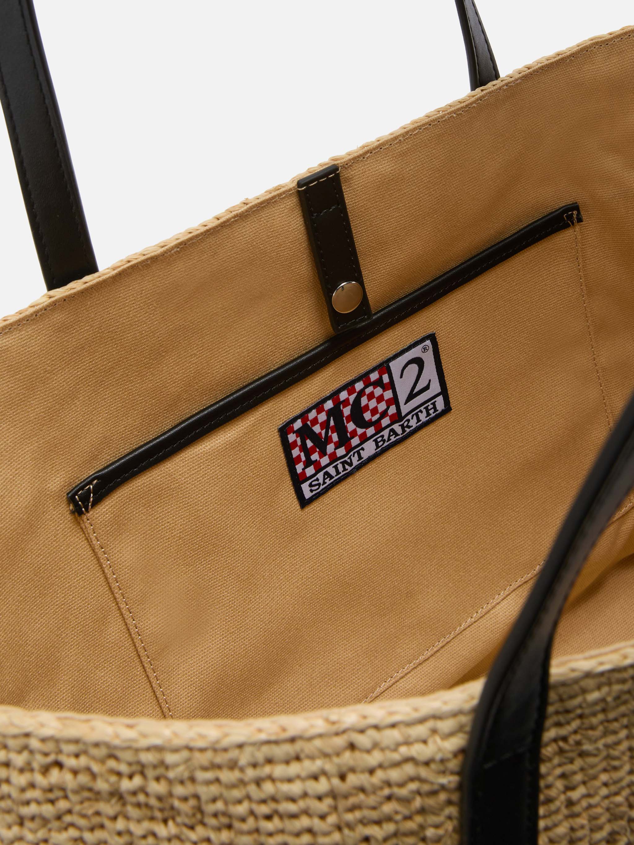 Borsa City in raffia con logo nero ricamato a contrasto