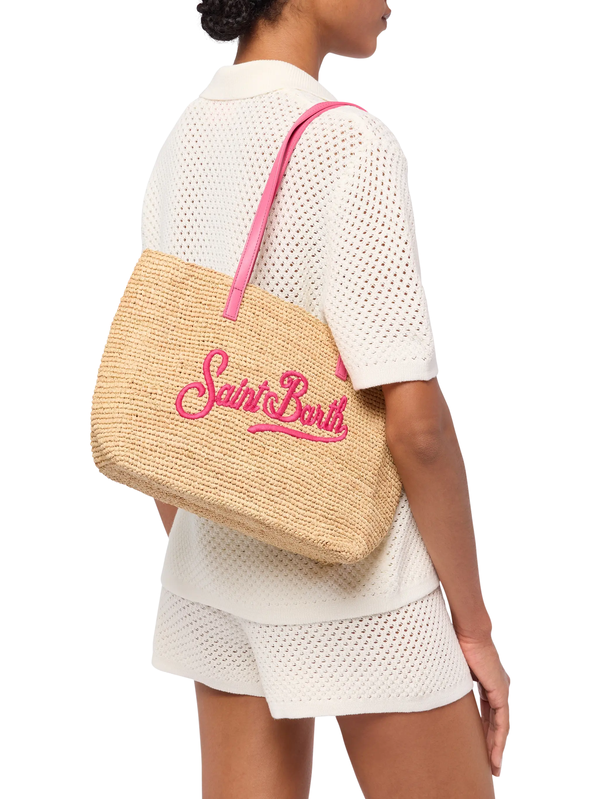 Beige Raffia City Mid bag with Saint Barth embroidered logo - MC2 Saint Barth