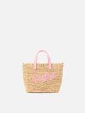 Borsa City mini in raffia con logo rosa ricamato a contrasto